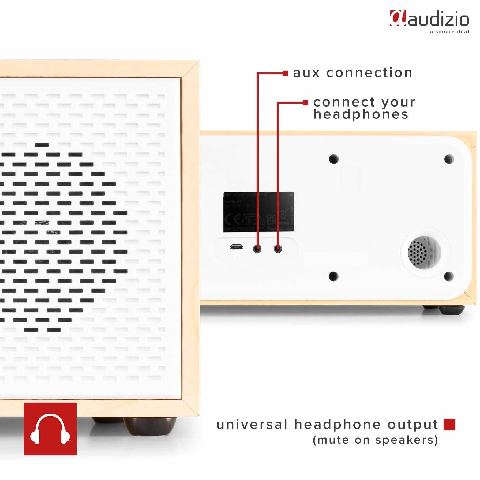 Audizio Rimini - Radio por Internet WiFi con Bluetooth y Spotify Connect, Sonido estéreo de 50W, Salida de Auriculares, Entrada AUX, Ideal para Cocina, salón o Oficina, Acabado Madera Clara y Blanco