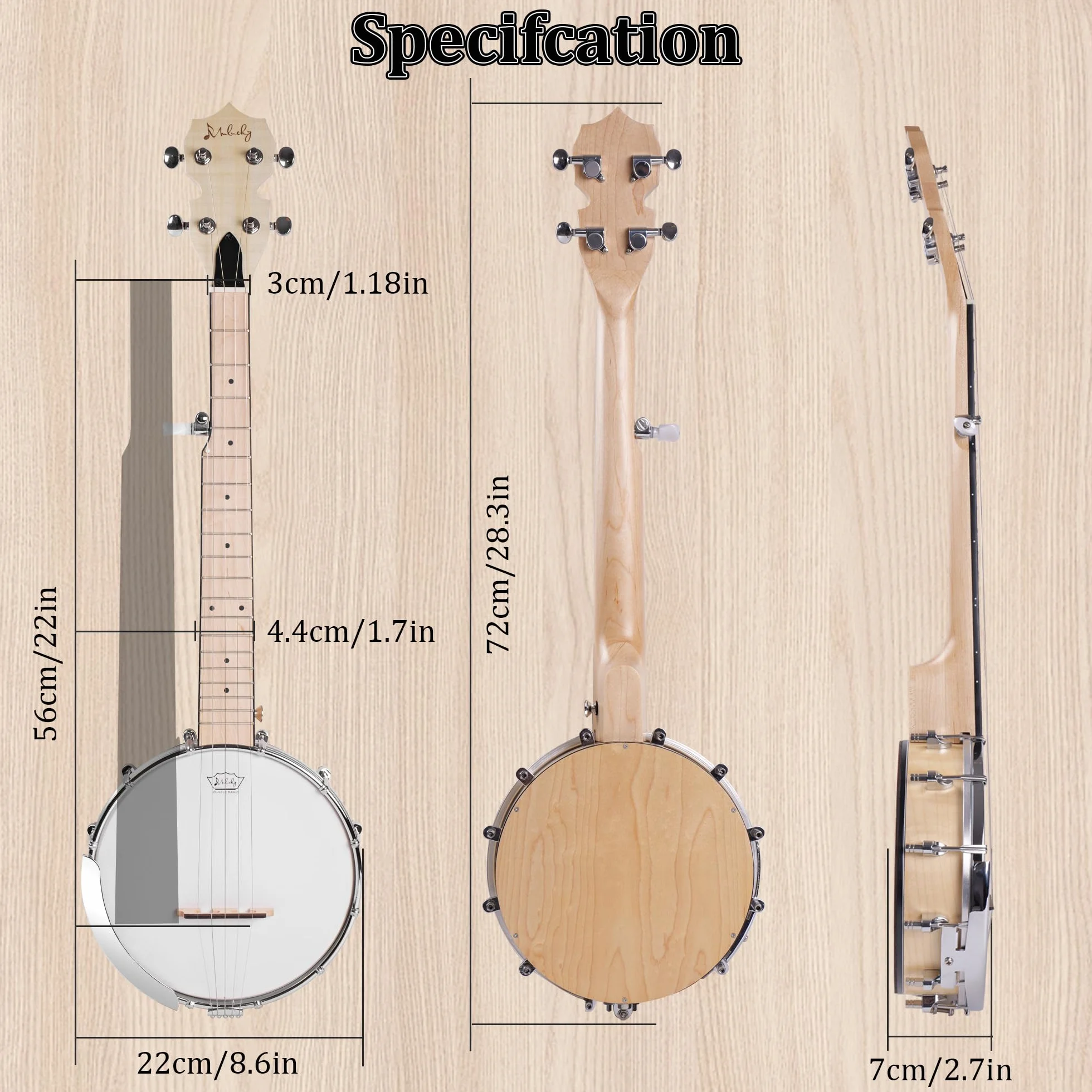 Mulucky B805 - Banjo Mini de 5 cuerdas, 66 cm, kit de viaje para principiantes, parte trasera sólida cerrada, con bolsa de concierto, afinador, púas, correa de cuerdas, B805