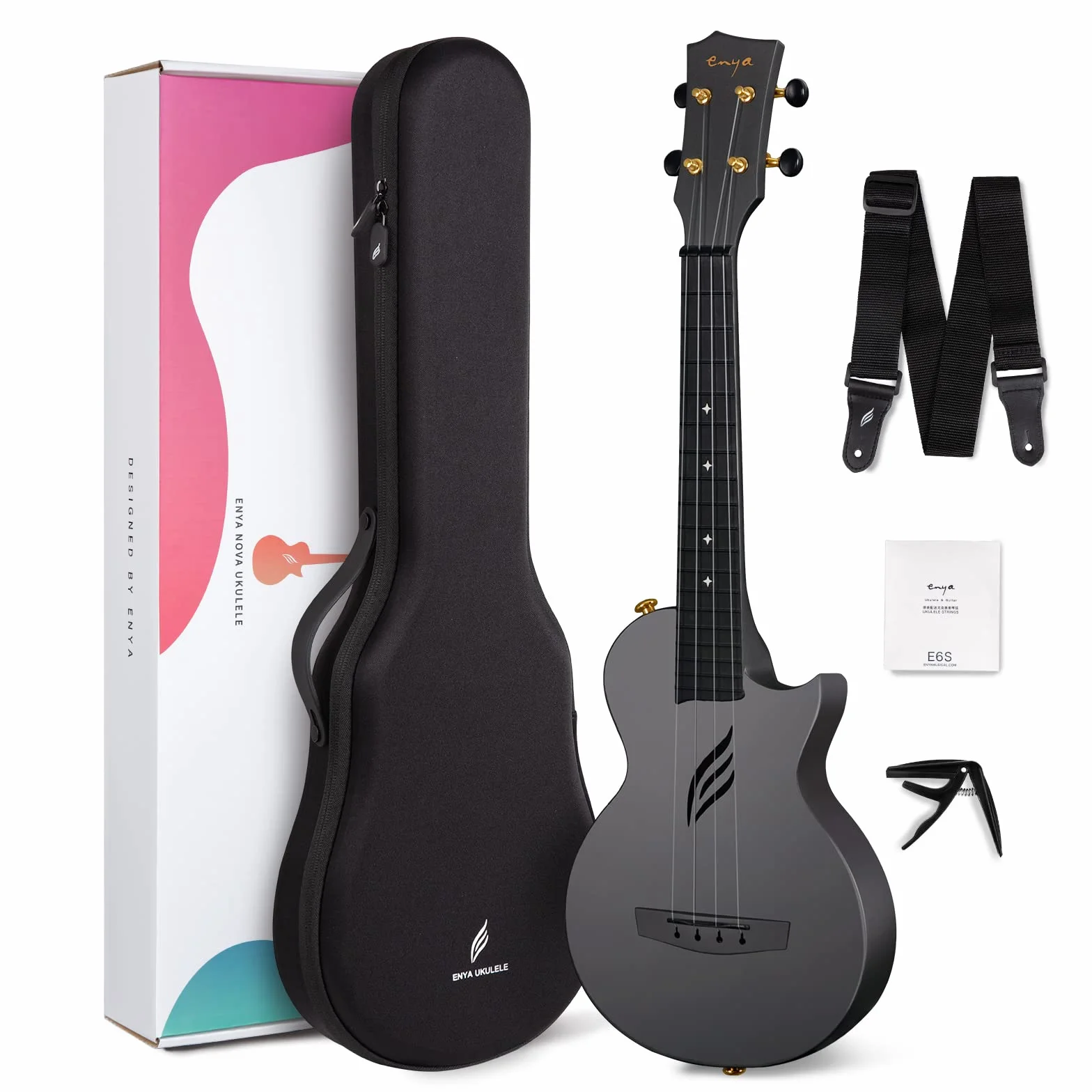 Enya Nova U Ukulele de 23 Pulgadas de Fibra de Carbono para Viaje - Kit para Principiantes (Incluye Lecciones, Funda, Correa, Cejilla y Cuerdas) -Negro
