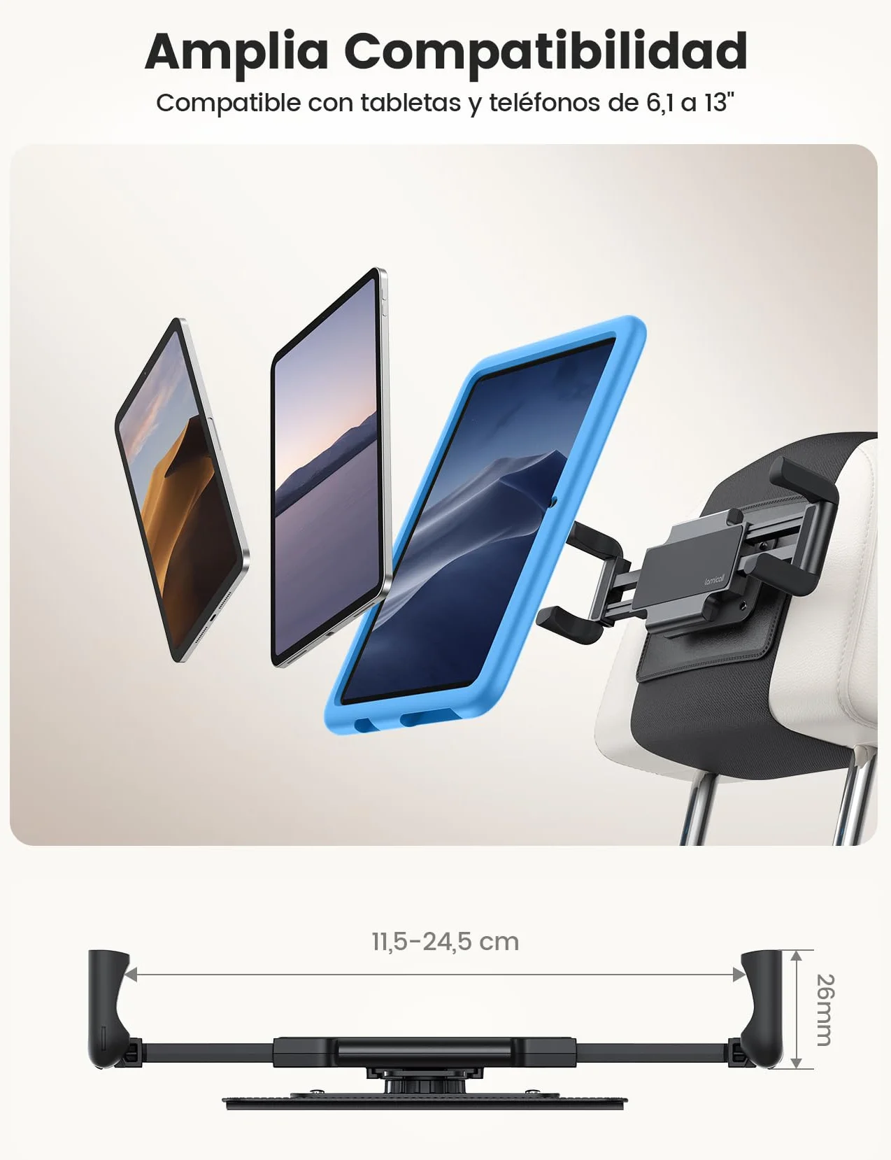 Lamicall Soporte Tablet Reposacabezas Coche Clip Silicona Ancho Plegable 360° Rotación Tira Mágica Elástica para iPad Switch 6,1-13"