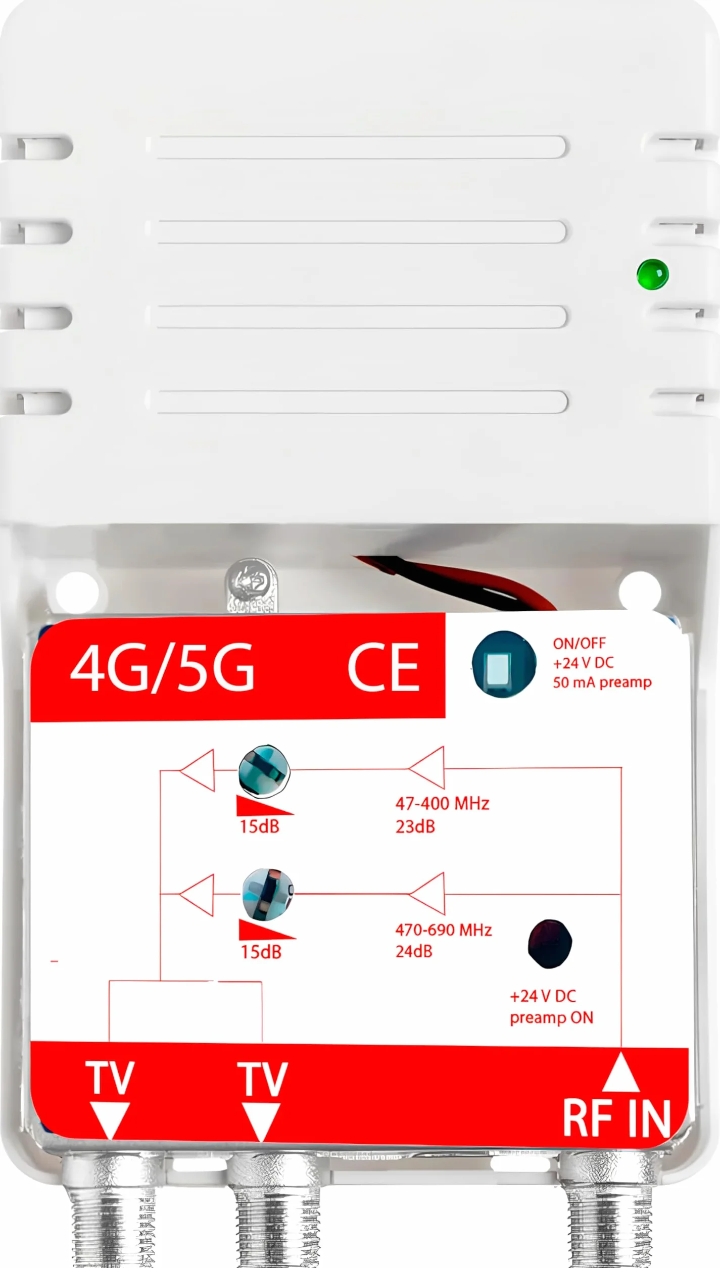 CABLEPELADO - Amplificador Interior de Vivienda UHF/VHF, 12-24db Ajustable, 104dBmV, para Digitale Terrestre DVB-T/T2, con Filtro 5G LTE, 1 Entrada, 2 Salidas