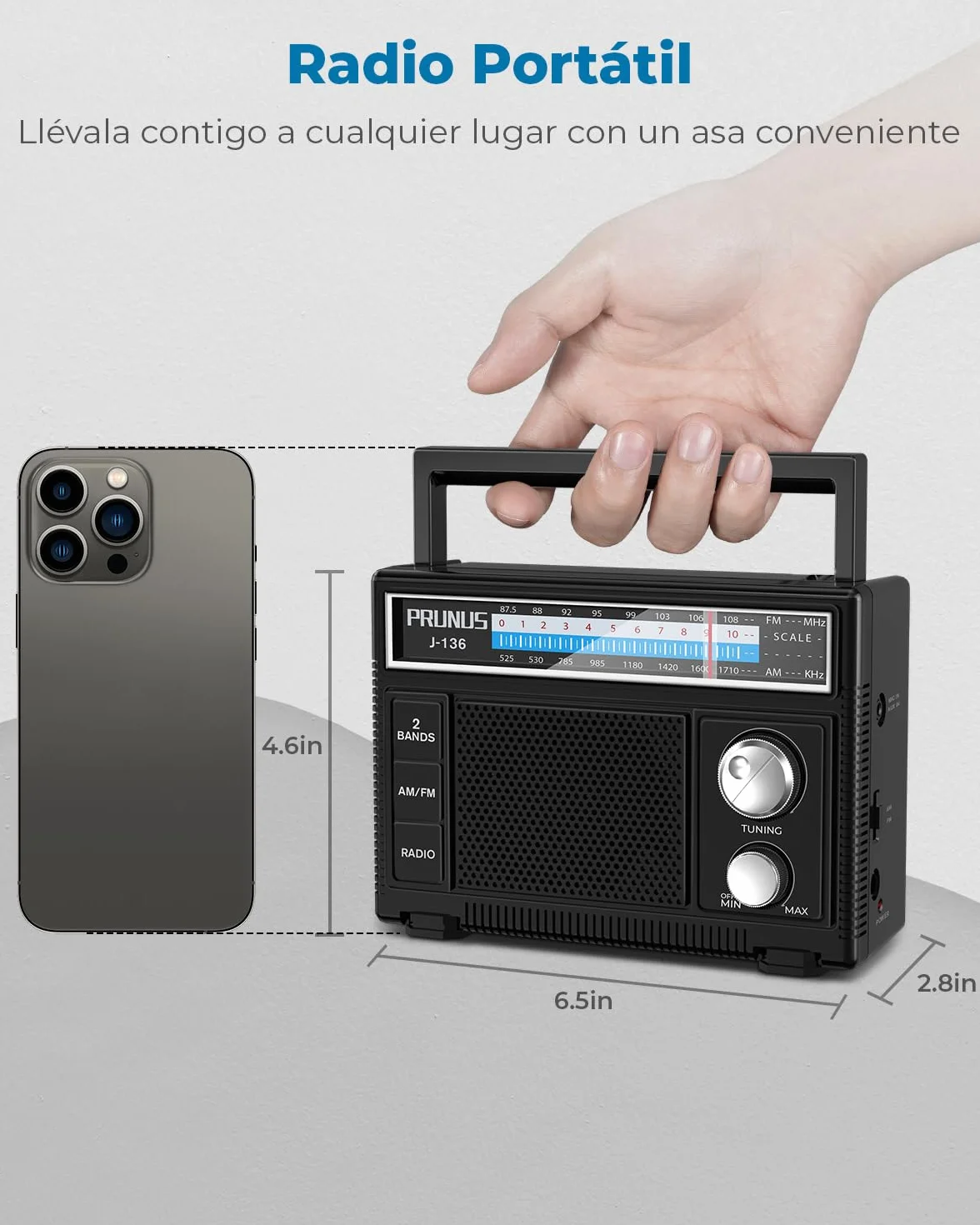 PRUNUS J-136 Radio FM AM Portátil Pilas CA con Toma AUX Micrófono