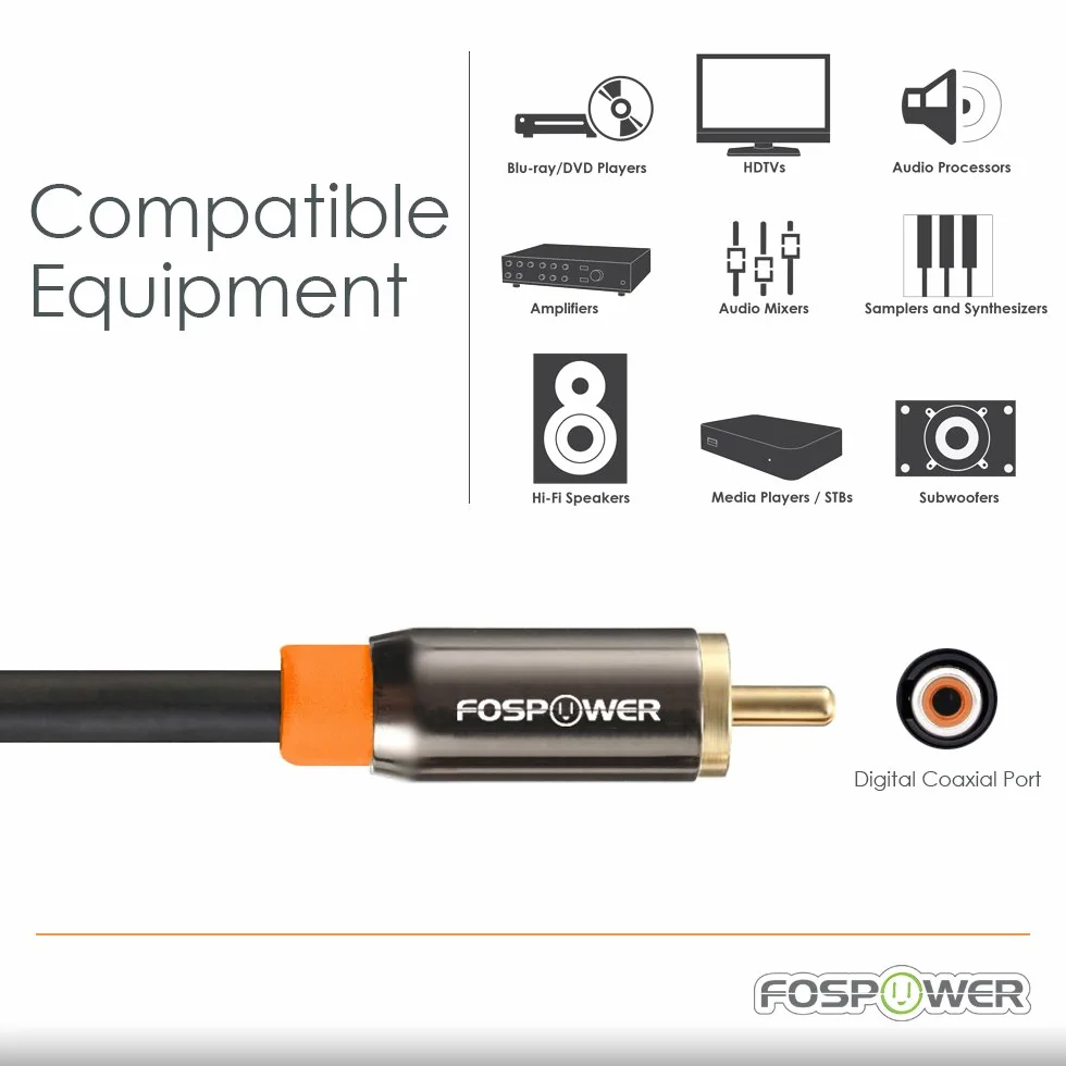 FosPower Cable RCA Audio 90cm Macho a Macho 24K Oro Chapado S/PDIF Coaxial Digital