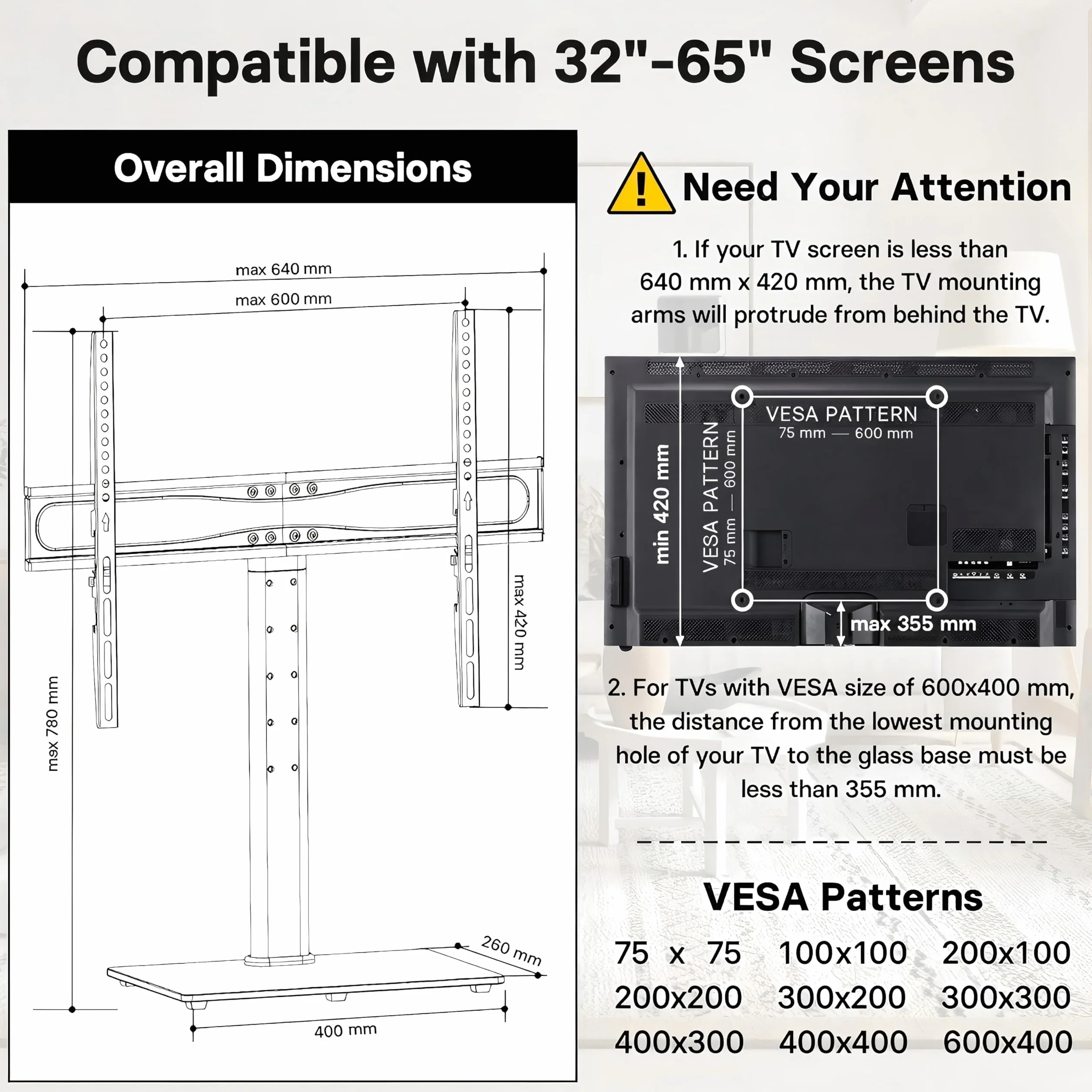 BONTEC Soporte TV Pie de Sobremesa Universal 32-65 Pulgadas Plasma Curva, Altura Ajustable 45 kg VESA 600x400 mm