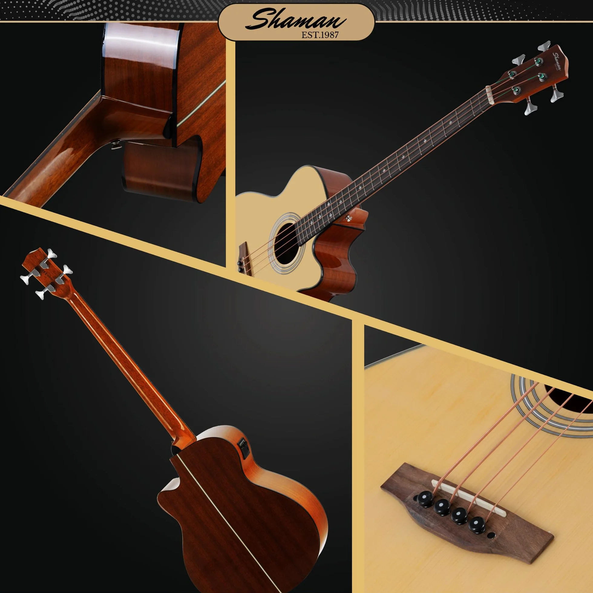 Shaman AB4-50CE Bajo acústico de 4 cuerdas - Tapa de abeto con cuerpo de caoba - Pastilla integrada con preamplificador y ecualizador de 2 bandas - Escala 34" - Acabado brillante - Natural