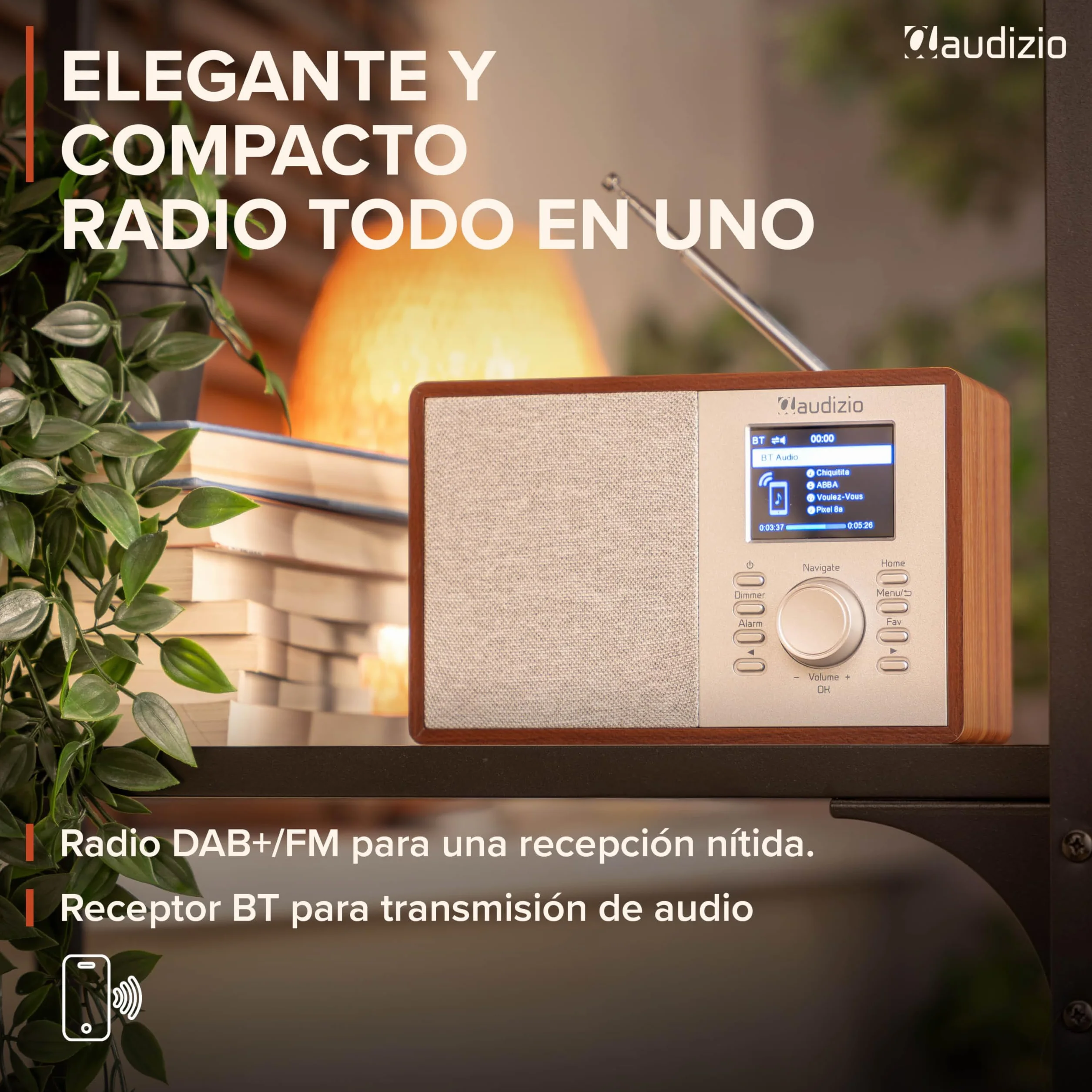 Audizio Cosa – Radio Dab+ FM Internet con Bluetooth 5.2, WiFi, 30W, Pantalla Color 2.4", Altavoz Radio Bluetooth con Entrada AUX y Salida Auriculares para casa y Oficina, Color Madera