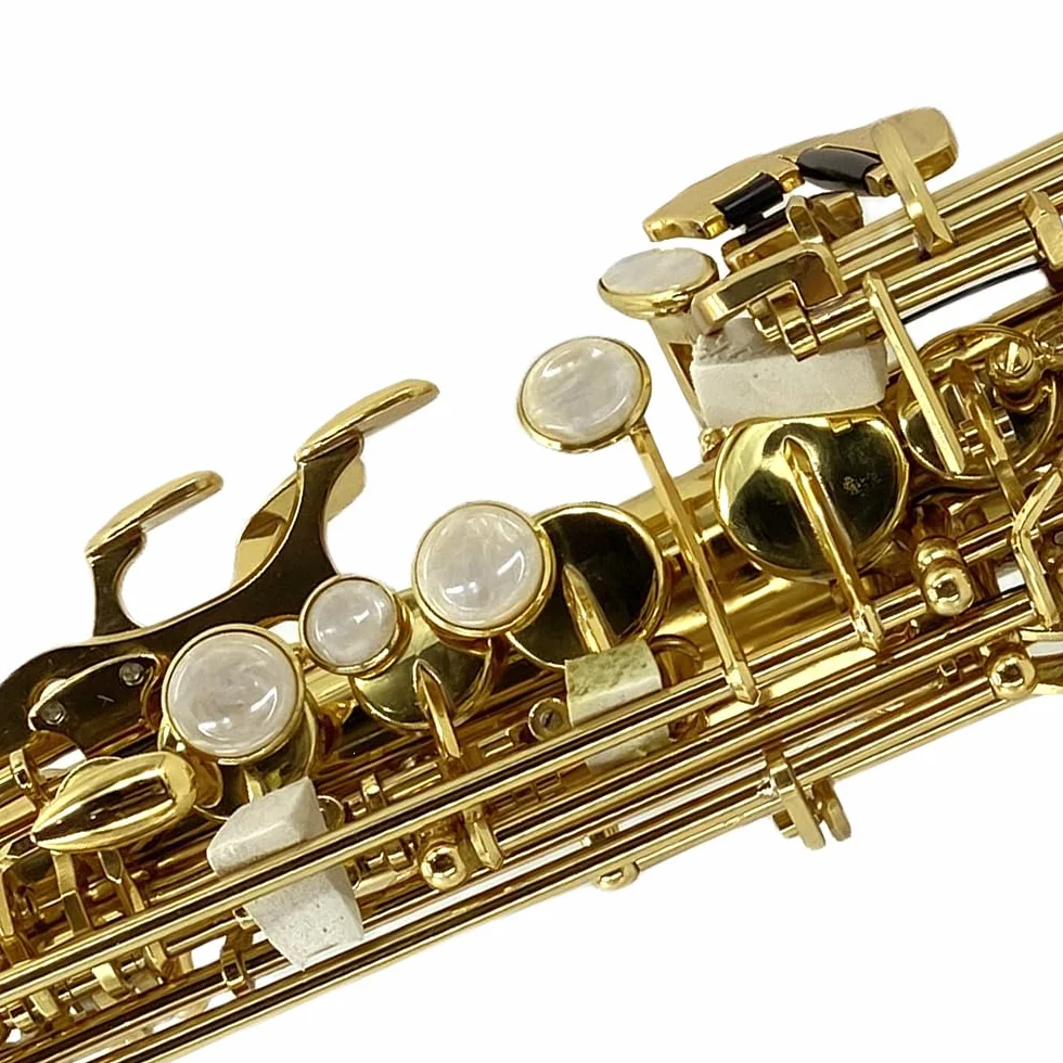 Saxofón soprano recto Bb, acabado lacado dorado, diseño ergonómico con funda, boquilla, correa para el cuello y accesorios, ideal para principiantes y jugadores avanzados