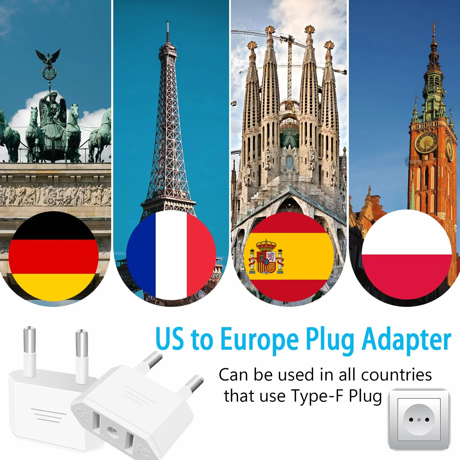 Tixlux 2 Piezas Adaptador Enchufe Americano a Español, Adaptador Enchufe Americano a Europeo, Adaptador de Enchufe Viaje para Europa/USA/US/Francia/Alemania/España/Australia/Austria, Blanco