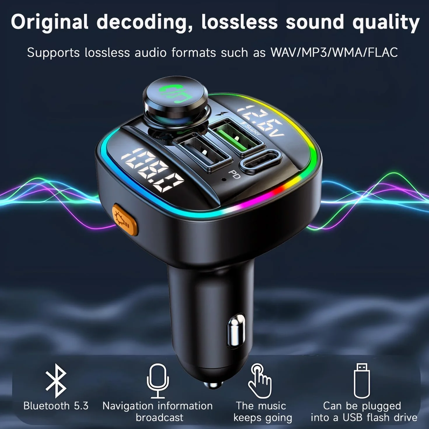 QUMOX Transmisor FM Bluetooth 5.0 para Coche, Adaptador C22 con Carga Rápida PD 20W, Pantalla de Voltaje, Gran Perilla de Control, Reproducción USB/TF, Asistente de Voz, Llamadas Manos Libres