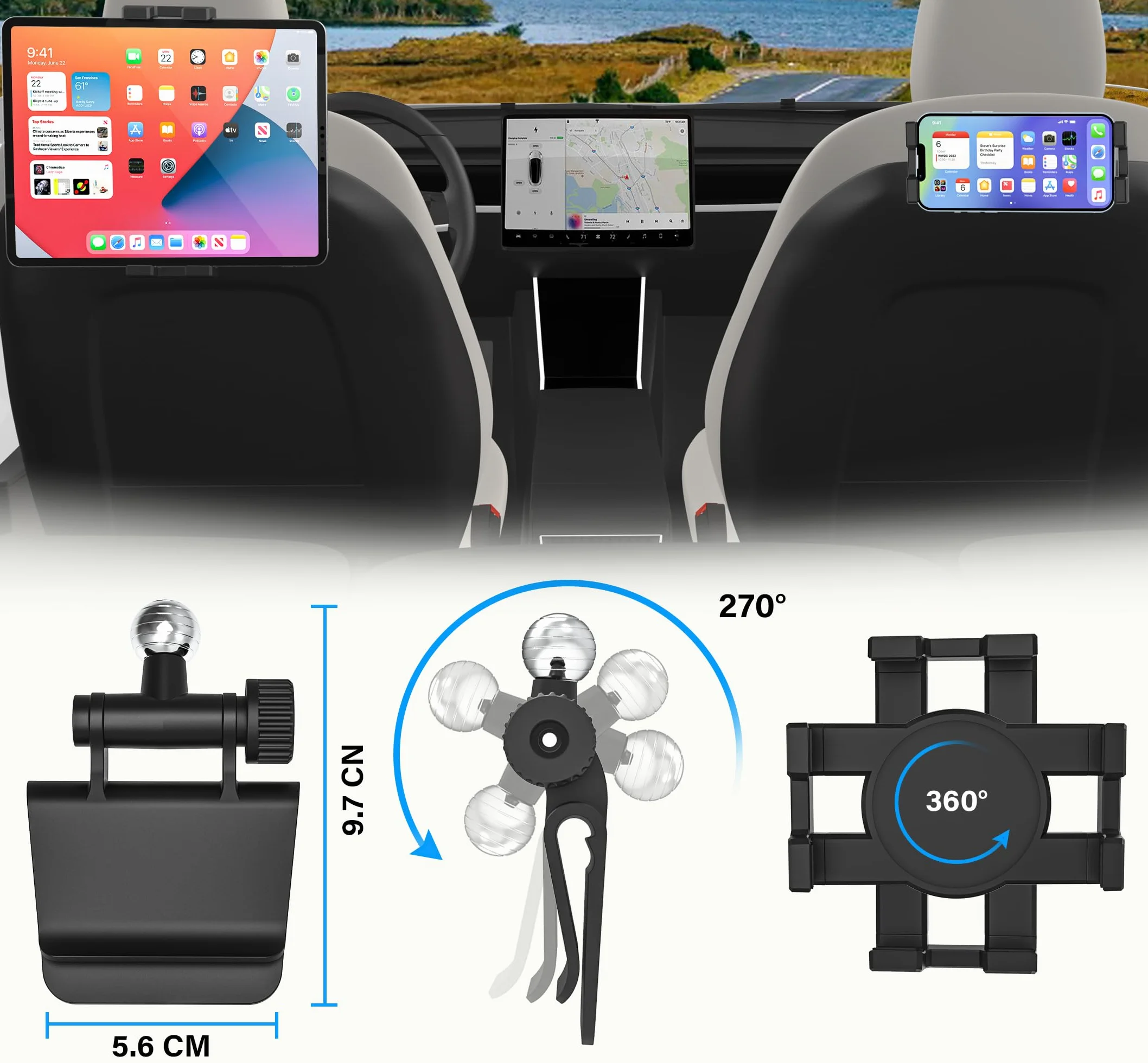 Soporte Tablet Tesla Asiento Trasero, Soporte Tableta Reposacabezas Coche Model Y Model 3 para Niños con Rotación de 360° para iPad Pro 12.9 Air Mini, Galaxy Tab, Fire, Switch, Móvil, 4-13"