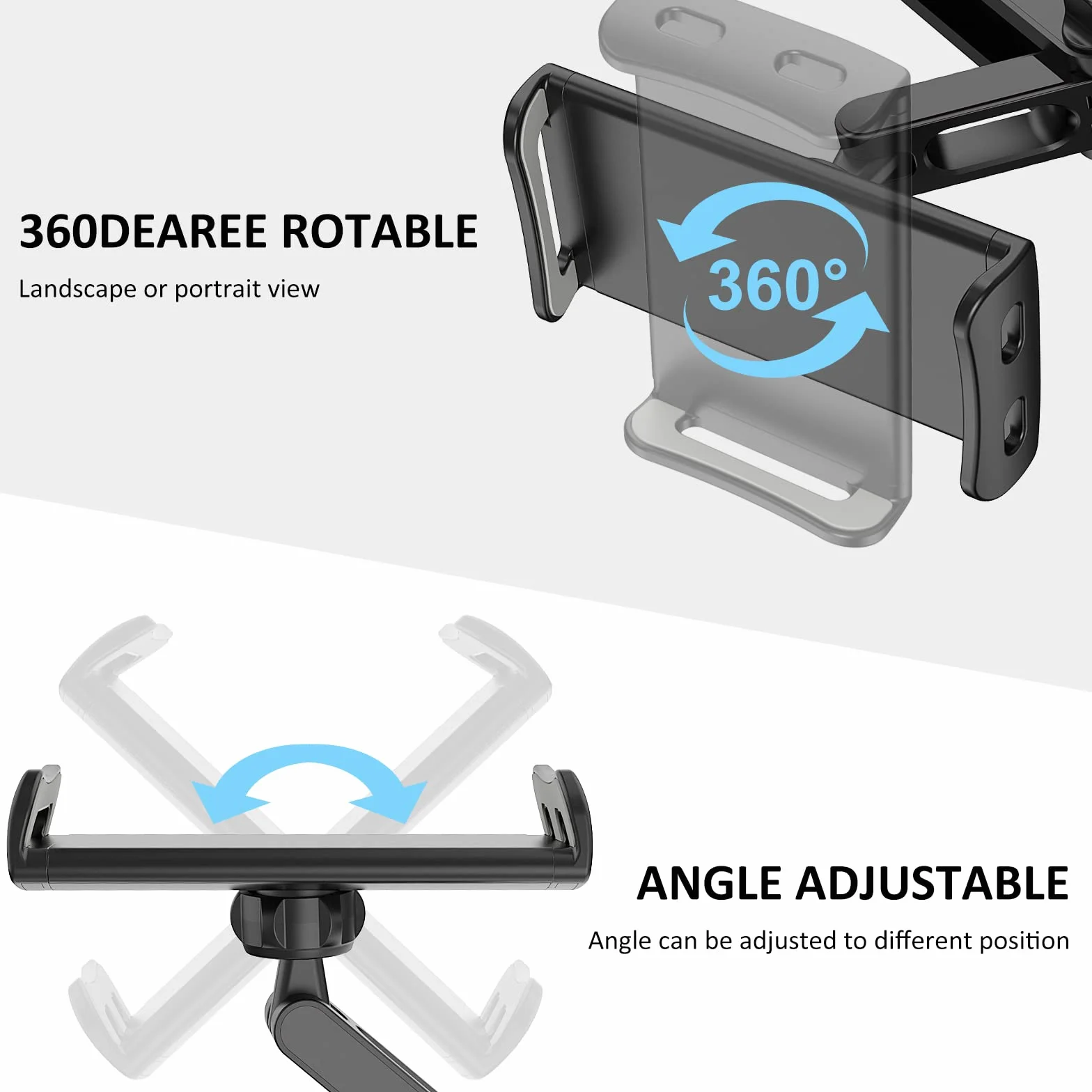 Soporte para reposacabezas de Coche Giratorio 360°, Soporte de Asiento Trasero Ajustable para Tablet y teléfono móvil, iPad Air Mini(Negro)
