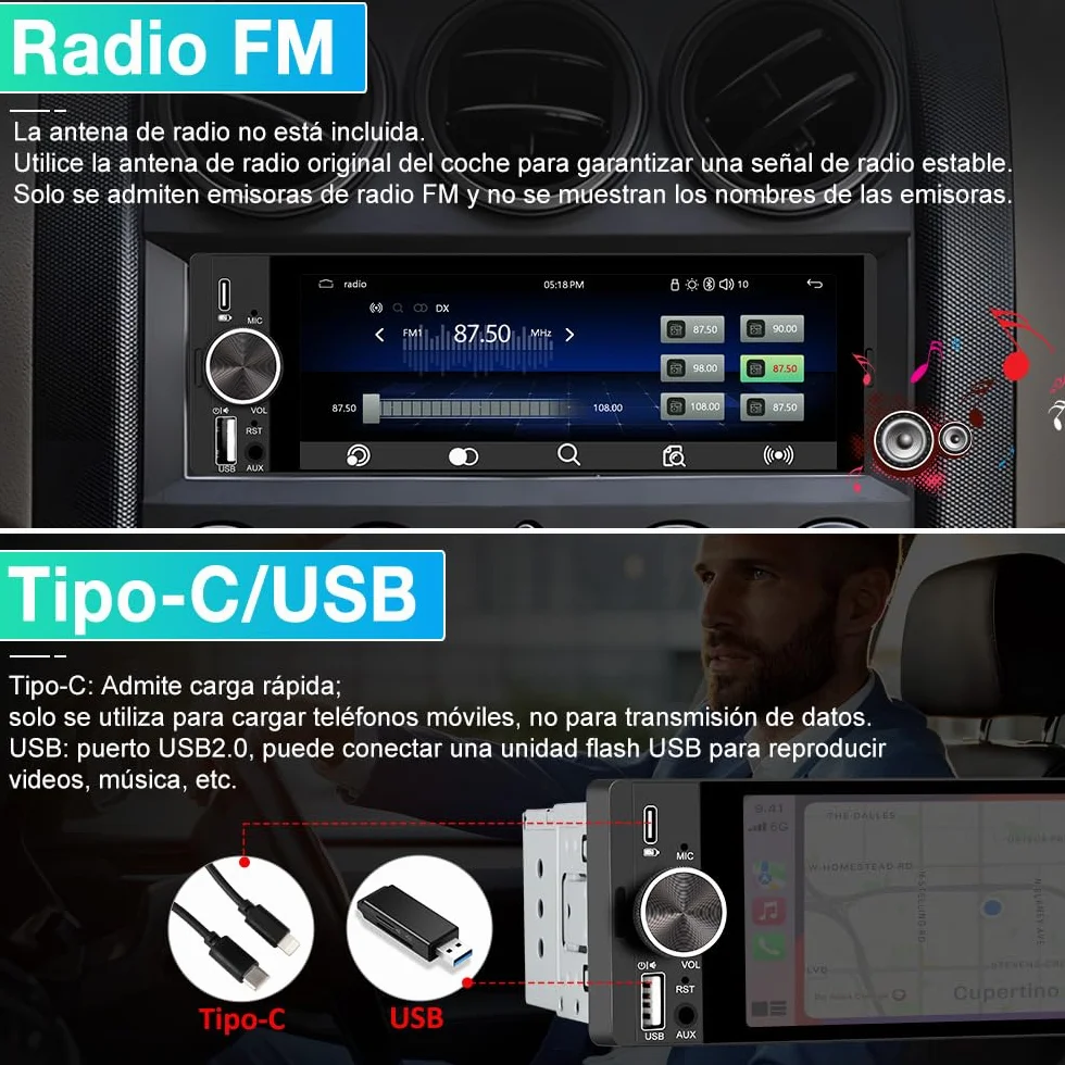 Junsun 1 DIN Radio Coche Universal con 6.36 Pulgadas Pantalla Táctil, con CarPlay/AndroidAuto/Admite Carga Type-C/USB/Micrófono/FM/EQ/WiFi/GPS/Bluetooth 5.0/USB/SWC y Cámara Trasera con Cable 6M