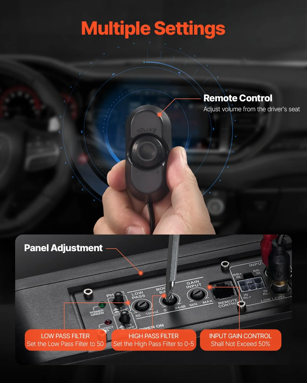 VEVOR Subwoofer para Debajo del Asiento para Automóvil 254 mm 440 W Altavoz Compacto para Coche Amplificador Incorporado Entrada Bajo Controlador de Volumen Control Remoto con Cable