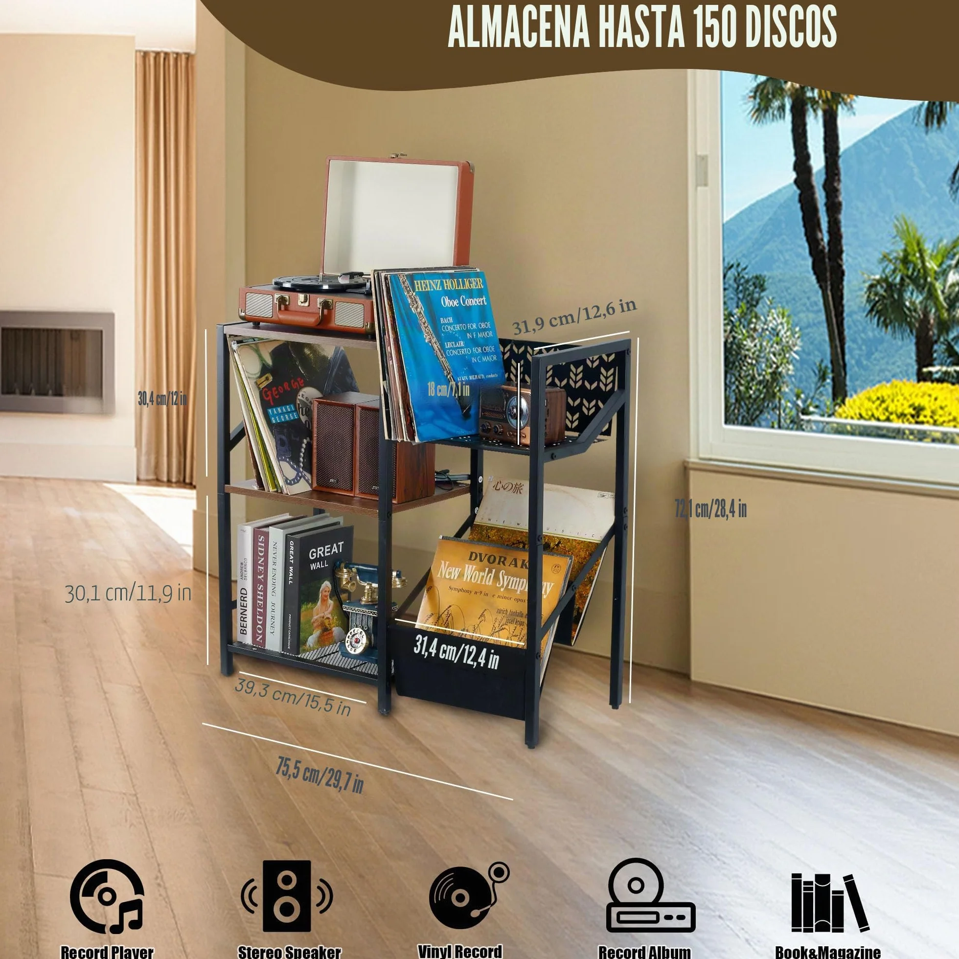 Soporte para discos de vinilo de 3 niveles, soporte grande para discos de hasta 150 álbumes, tocadiscos negro con gabinete estéreo de almacenamiento, estante de mesa de reproductor para dormitorio