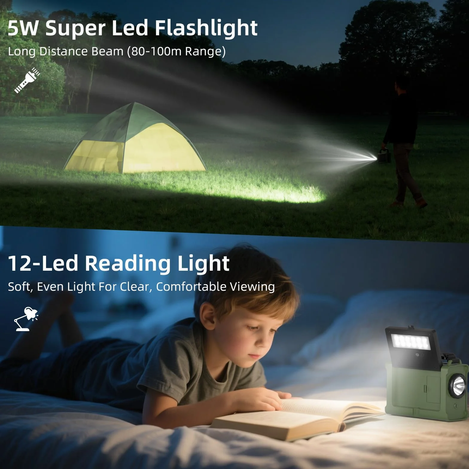 Radio Solar de Emergencia, Radio Am/FM con Manivela y Batería Recargable 12000mAh para Carga de Emergencia de Smartphone, Linterna LED, Luz de Lectura y Alarma SOS para Exteriores y Viajes