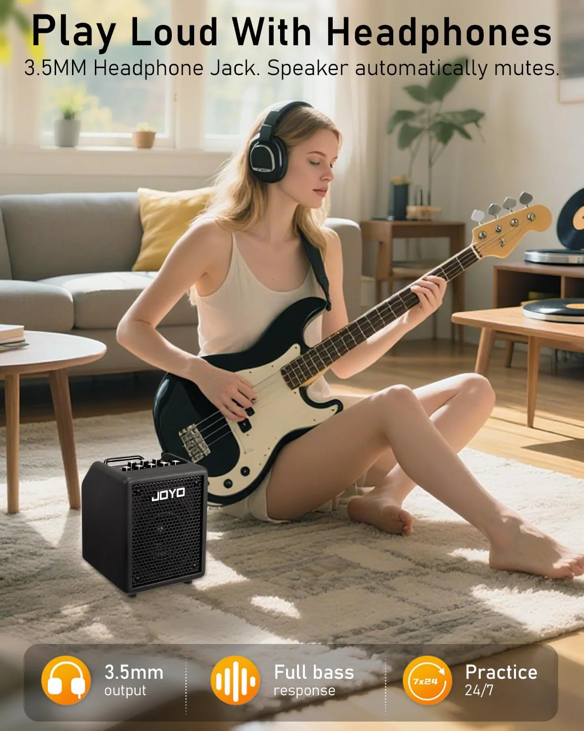 Joyo - Amplificador Combinado de bajo 30 W portátil – Altavoz de 4 Pulgadas, EQ 3 Bandas y compresor | Bluetooth 5.1 + grabación OTG, Salida de Auriculares para práctica Solo (Vibe Cube BA-30, Negro)