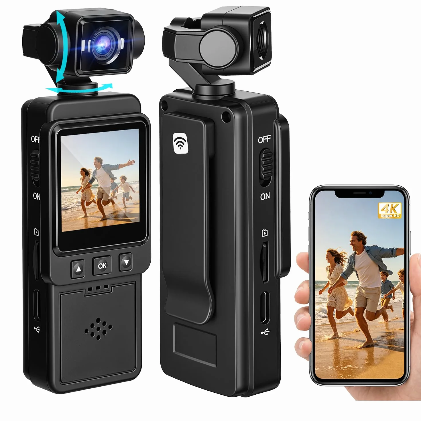Cámara Deportiva 4K, Mini Body CAM con Camara Corporal Lente Giratoria de 270°， POV Videocámara por Vlog para Deportes, Viajes y Vlogging
