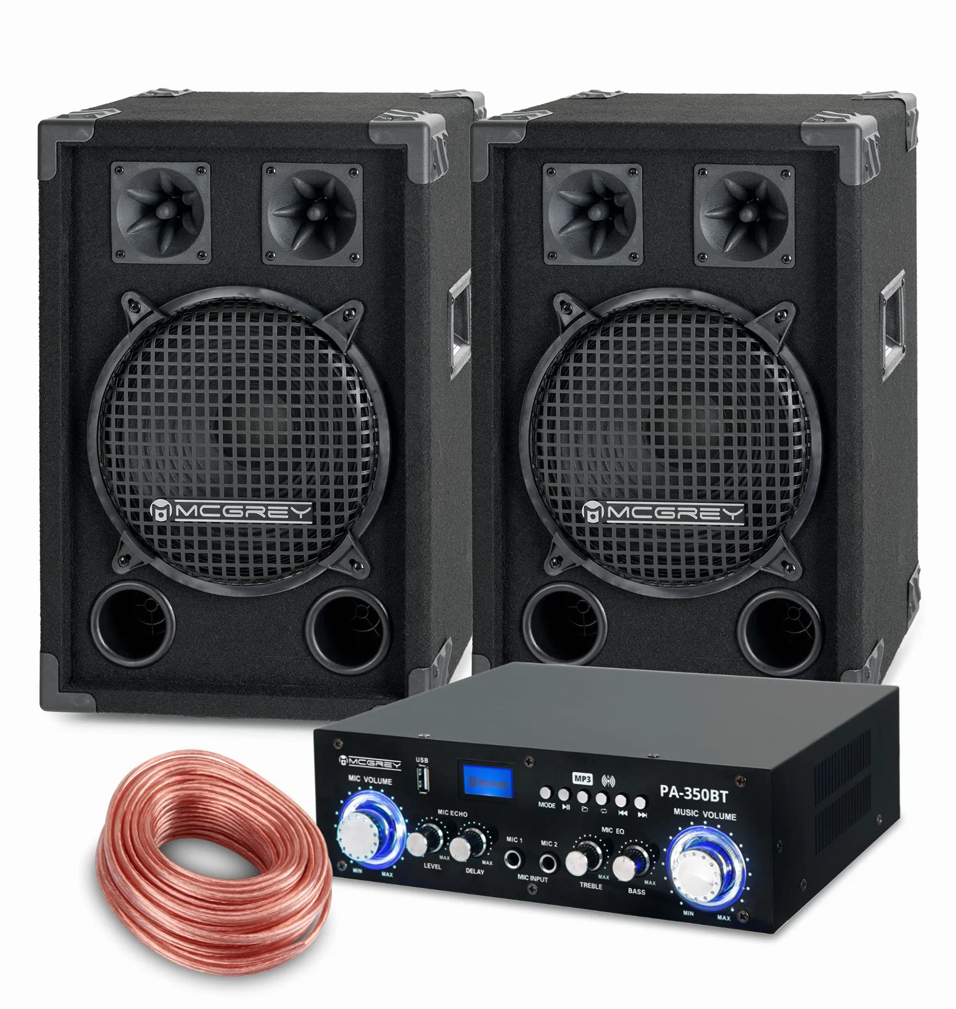 McGrey PA Set Completo Equipo DJ PowerDJ-1200 (Sistema con Cajas de Fiesta, Altavoces, 2 x 400 vatios, Amplificador Bluetooth, Amplificador, Cable de Altavoz)