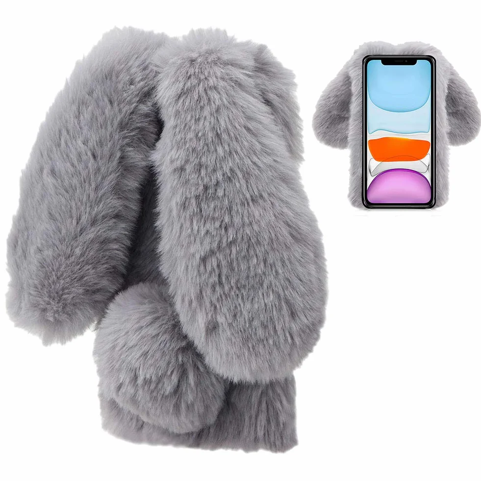 Funda de Conejo para iPhone 12 / iPhone 12 Pro 6,1 Pulgadas Piel Artificial Suave Carcasa Protectora Gris