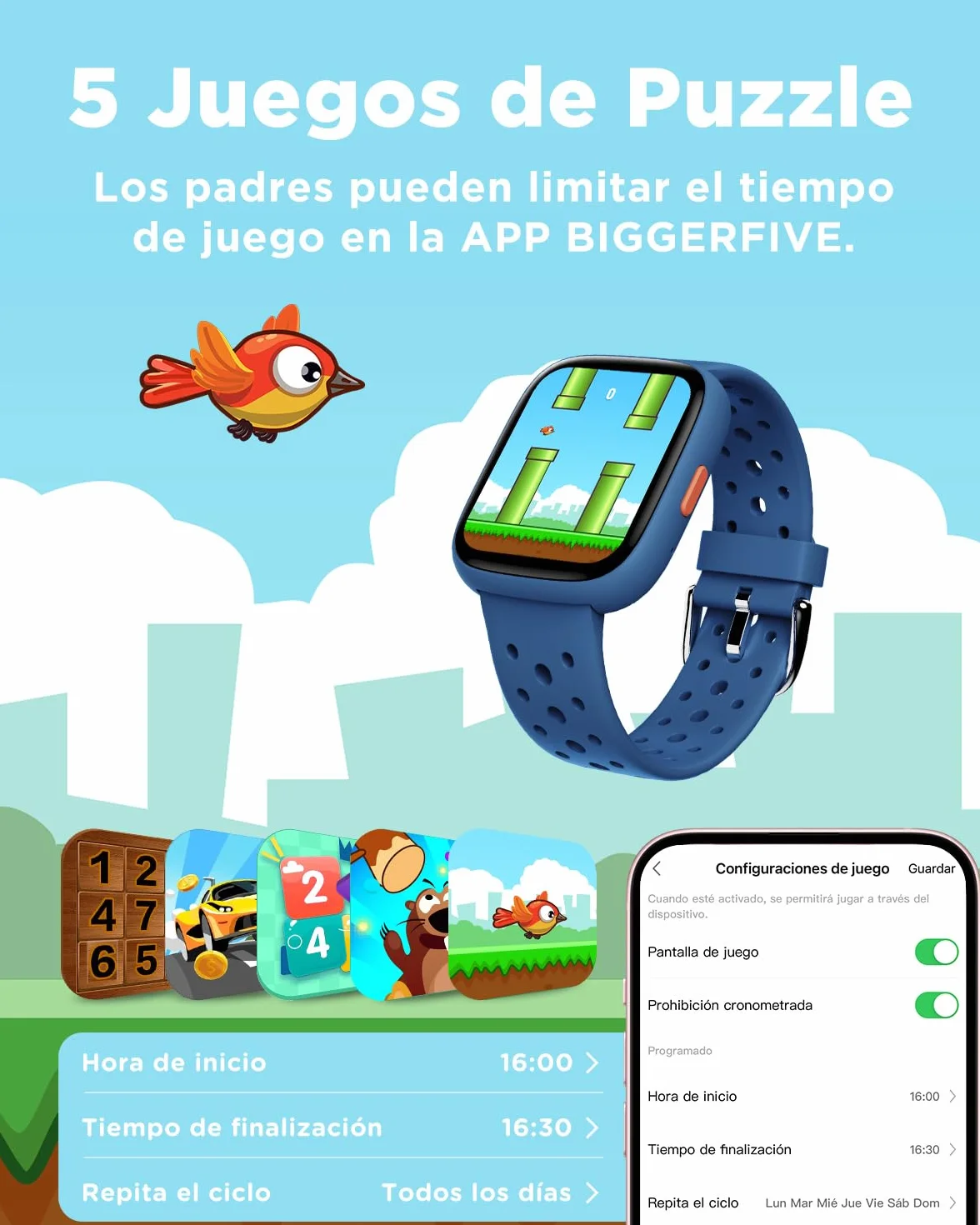 BIGGERFIVE Pulsera Actividad Niños Niñas 5-16, 1,8" Reloj Inteligente Podómetro, Frecuencia Cardíaca, Monitor de Sueño, Resistente al Agua IP68, Despertador, Juegos de Rompecabezas con/sin App, Azul