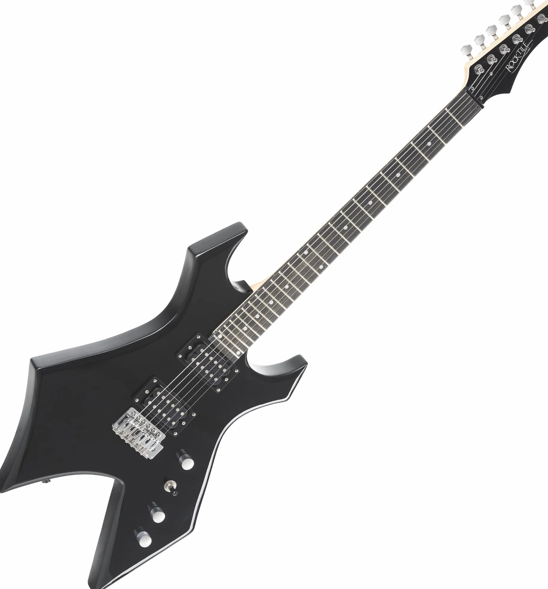 Rocktile Warhead E-Gitarra - Rocktile Heavy-Series - Cuerpo: Tilo - 2 Humbucker Pickups - 24 Trastes - Diapasón de madera dura seleccionada - Vintage String Thru Tremolo - Negro Brillante