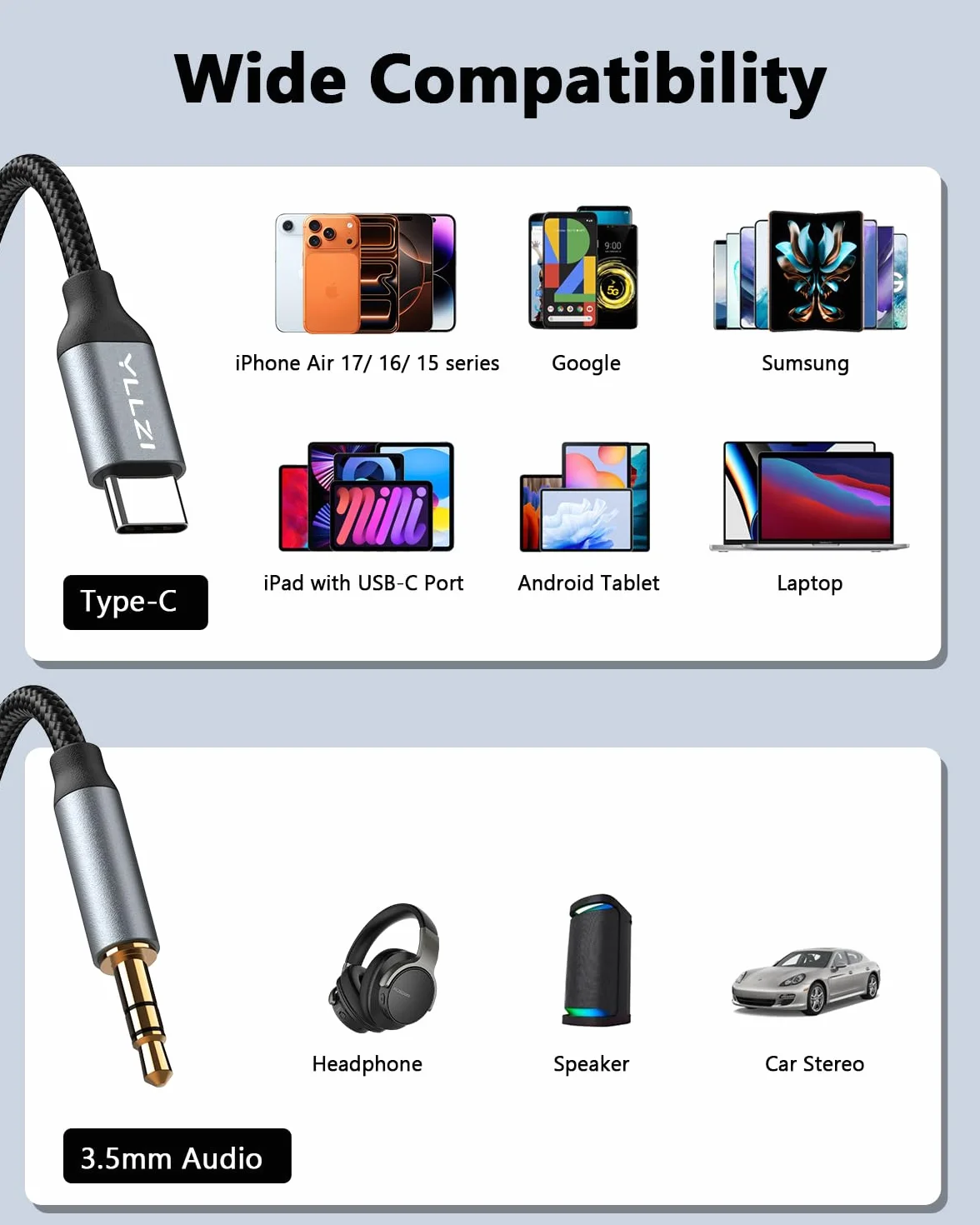 Cable USB C a Aux 1.2M, Jack 3.5 mm Audio para iPhone 17 16 15, Galaxy S25/S24/S23/S22/Note 20