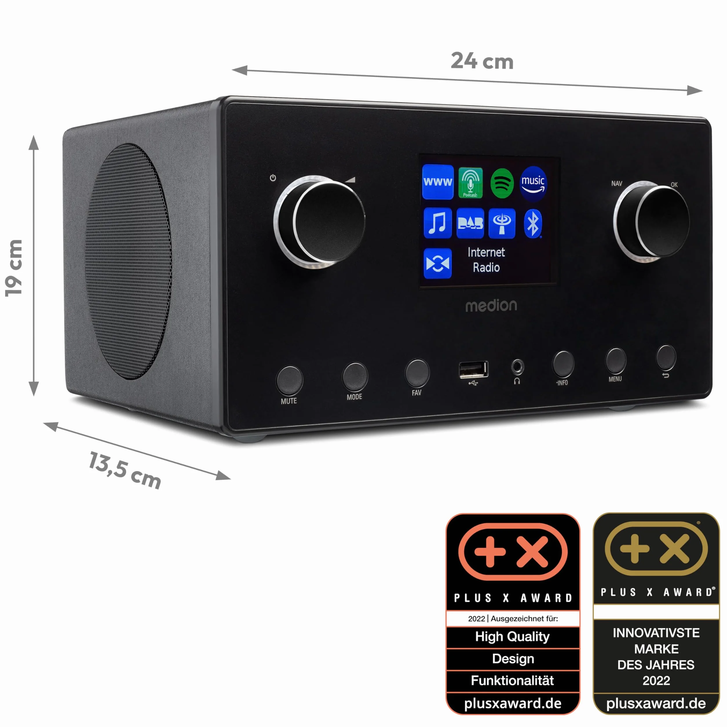 MEDION P85444 Radio por Internet 2.1 con Subwoofer (Dab+, Radio FM, Spotify Connect, WiFi, Bluetooth, Streaming, Ecualizador, Pantalla de visualización, USB, AUX, Despertador
