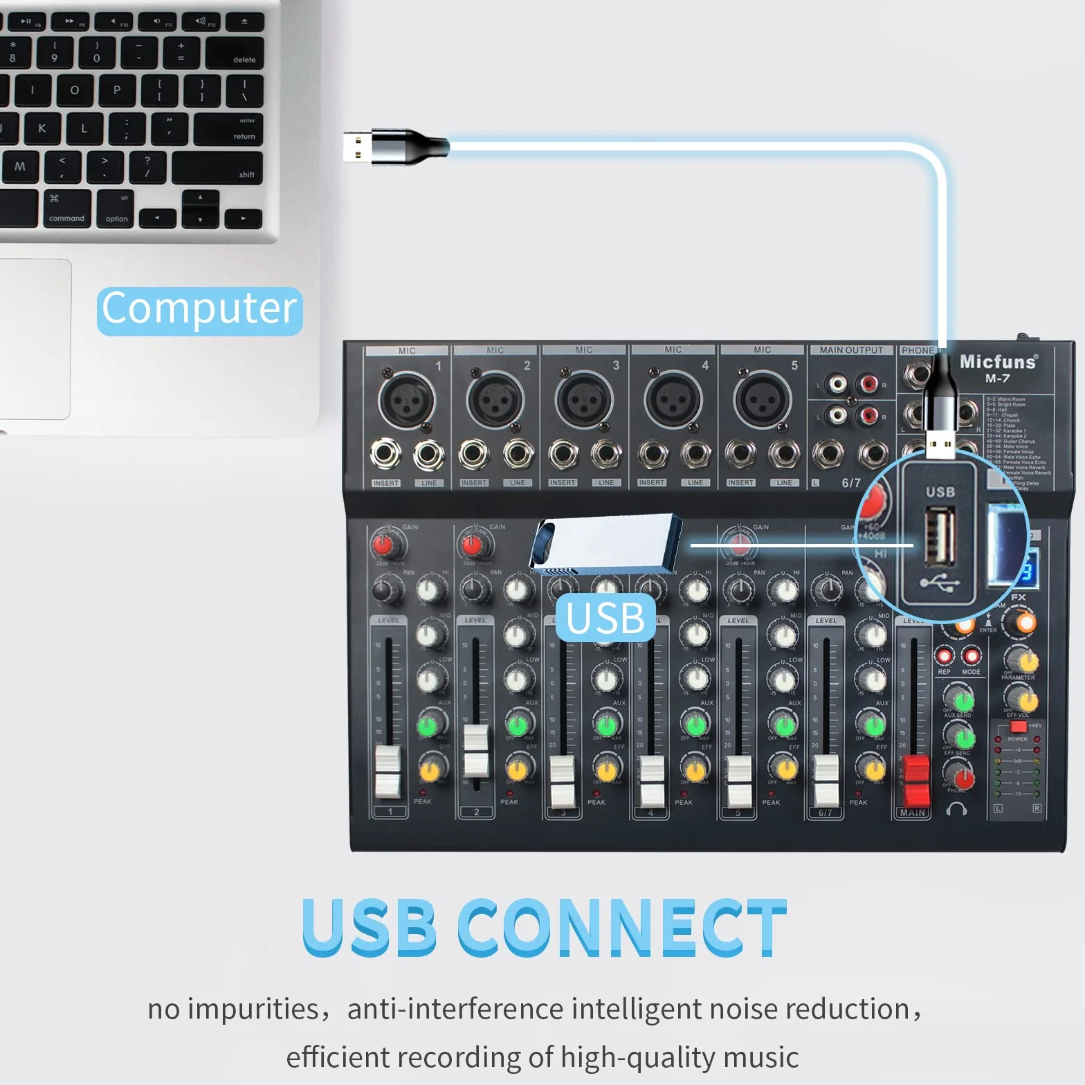M7 - Mezcladores de grabación sin alimentación de 5 V con 99DSP, MP3, USB, DJ, Bluetooth, consola mezcladora de audio de 48 V, tablas de mezcla de bandas de 7 canales para grabación de estudio