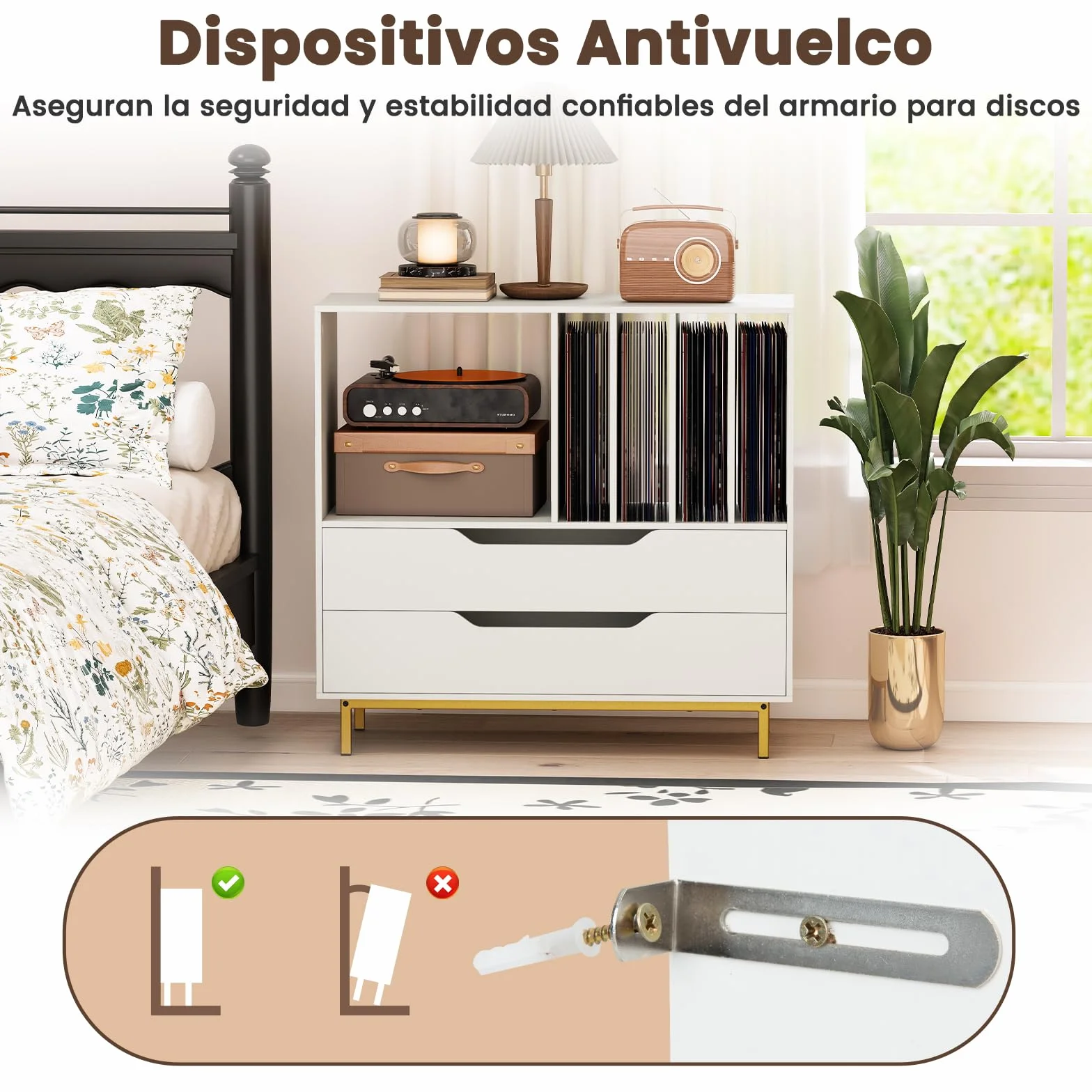 COSTWAY Mueble Tocadiscos, Soporte para Tocadiscos con Compartimento Abierto, 4 Estantes de Vinilos, 2 Cajones y Patas de Metal, Mesa Auxiliar de Discos Vinilos para Salón, 91 x 36 x 87 cm (Blanco)