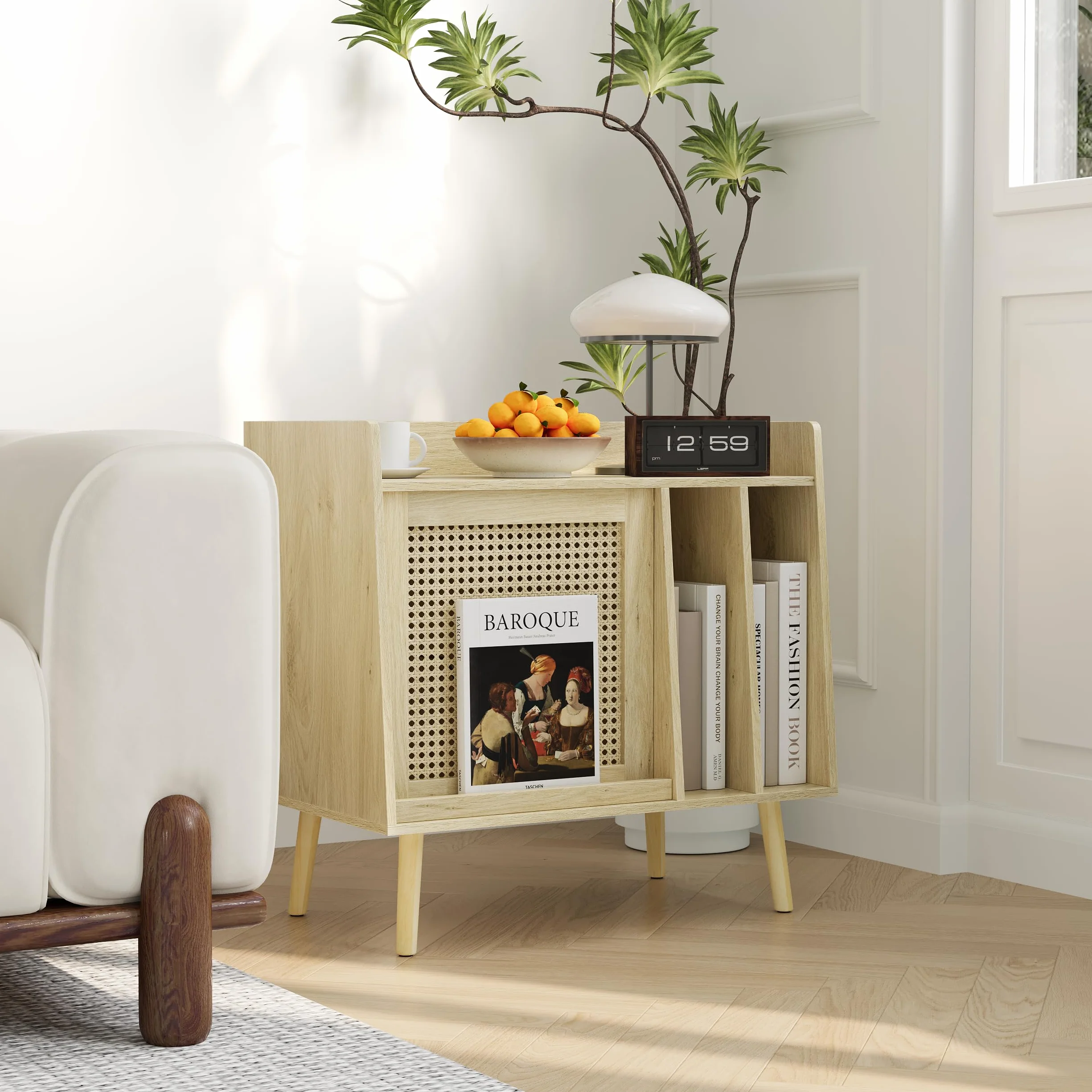 Semiocthome Soporte para tocadiscos con almacenamiento de vinilo, mesa de tocadiscos con puerta de armario de ratán, soporte para discos de vinilo con área de exhibición, mesa auxiliar con patas de