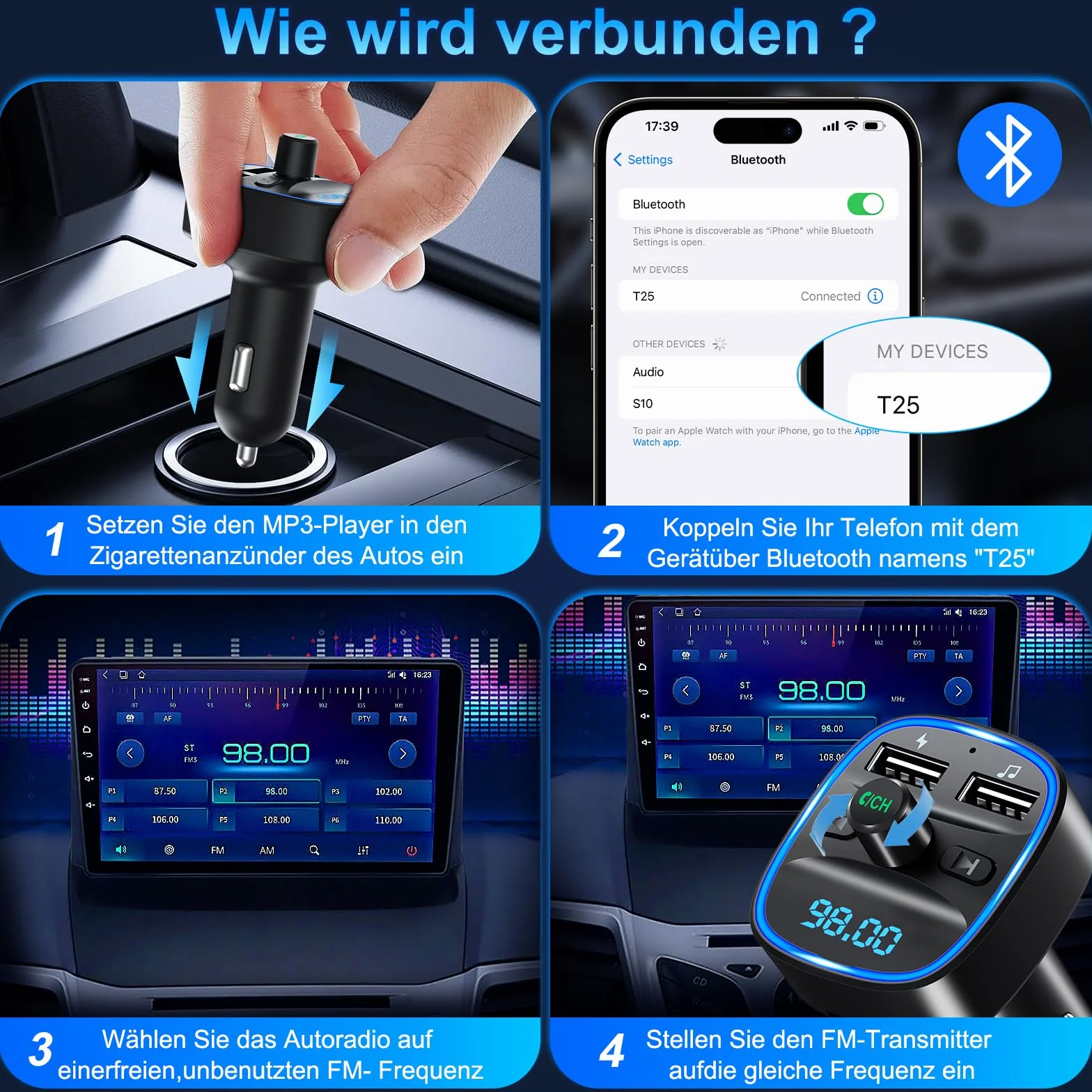Transmisor FM Bluetooth para Coche, Bluetooth 5.3 Manos Libres Inalámbrico Reproductor Coche con Dual USB 5V/2.4A, Hi-Fi Reproductor Música Adaptador de Radio Soporte Tarjetas SD USB Flash Drive