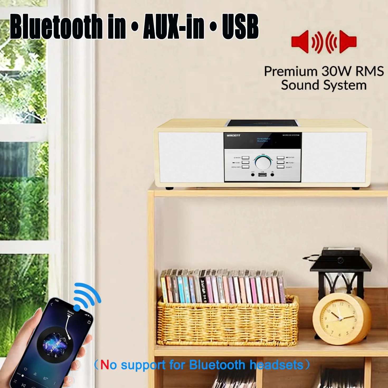 Microcadena Vintage Madera Bluetooth USB AUX 30W Control Remoto