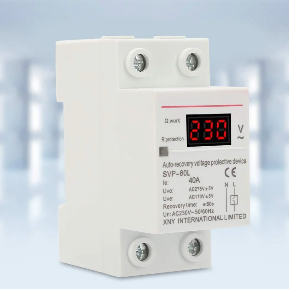 Jadeshay Dispositivo Protección Sobretensión Subtensión,230V 40A Voltaje Protector Carril DIN Recuperación Automática contra Sobrevoltaje y Bajo Voltaje con Luz Indicadora y Pantalla de Voltaje LED