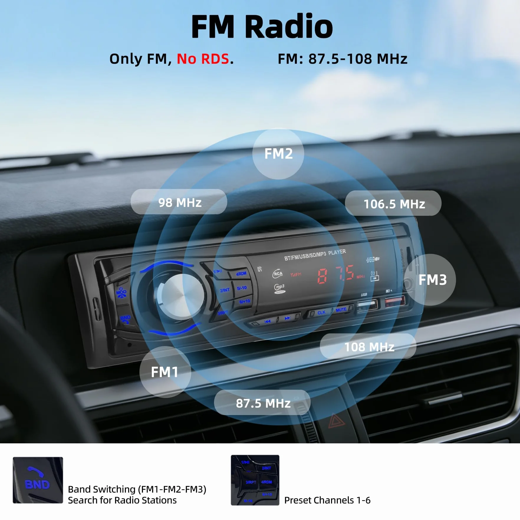 Radio Coche Bluetooth 1 DIN - Autoradio con 2 Puertos USB, Manos Libres, Entrada AUX y SD | Control Remoto y Radio FM - Estéreo Universal para Coche 12V (Negro)