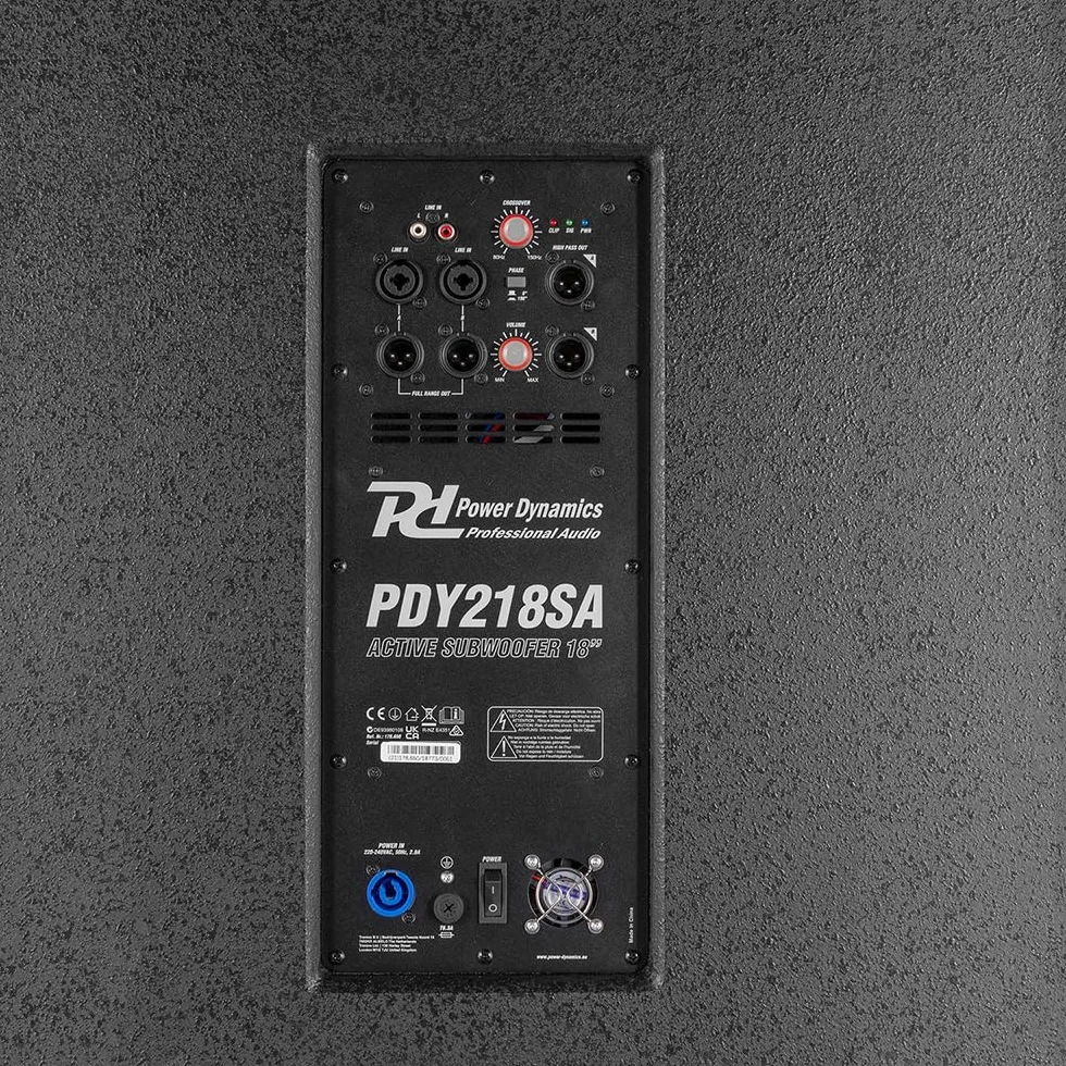 Power Dynamics PDY218SA subwoofer Amplificado de 18" y 1000W de Potencia Pico, entradas XLR balanceadas y RCA, limitador Integrado, Crossover Ajustable, Asas Laterales de Transporte, Color Negro