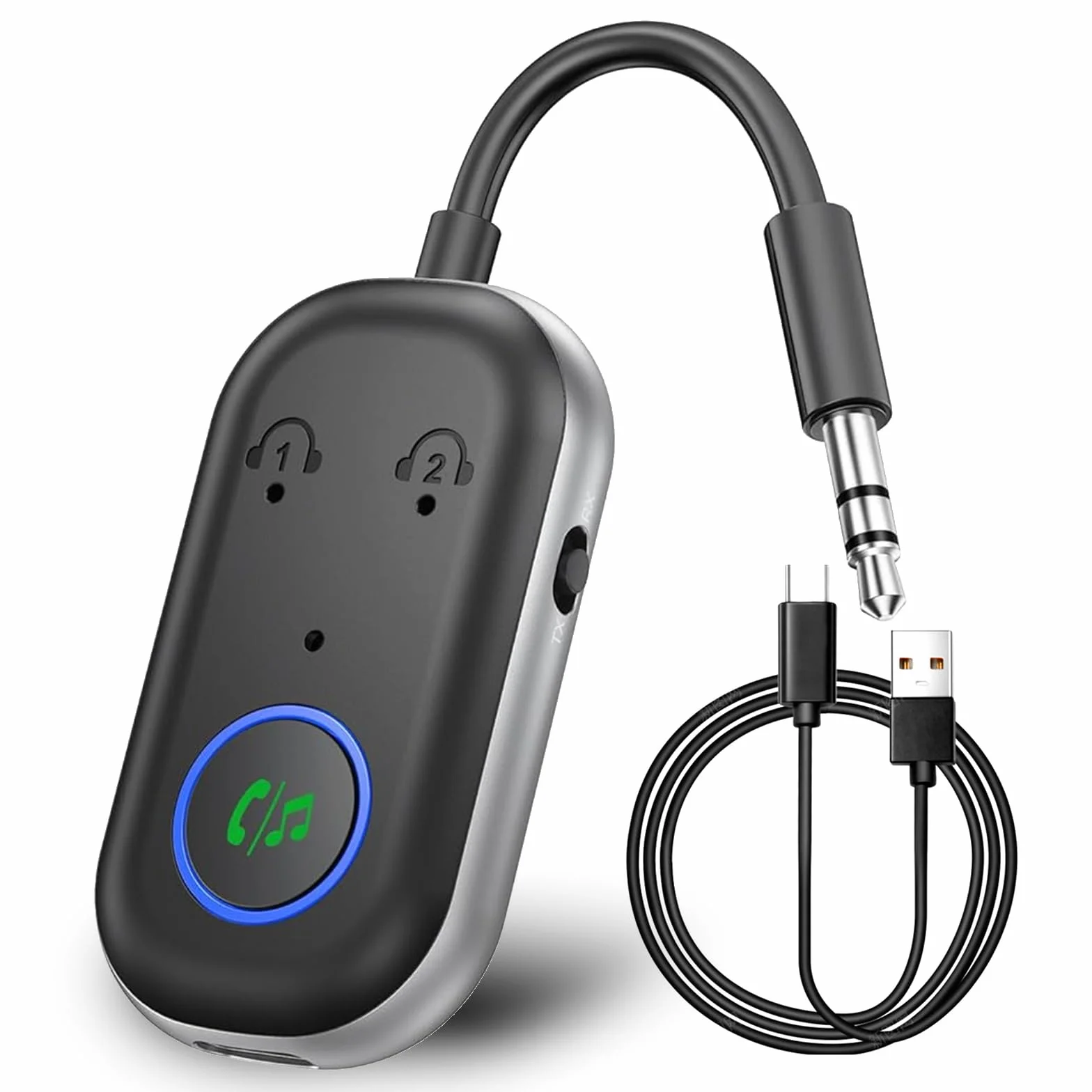 GIBOHOM Transmisor Bluetooth 5.3, Transmisor Receptor Bluetooth 2 en 1 Admiten 2 Auriculares, Adaptador Bluetooth Enchufe AUX de 3.5 mm para TV, Teléfonos Móviles, Sistemas de Sonido, Gimnasio