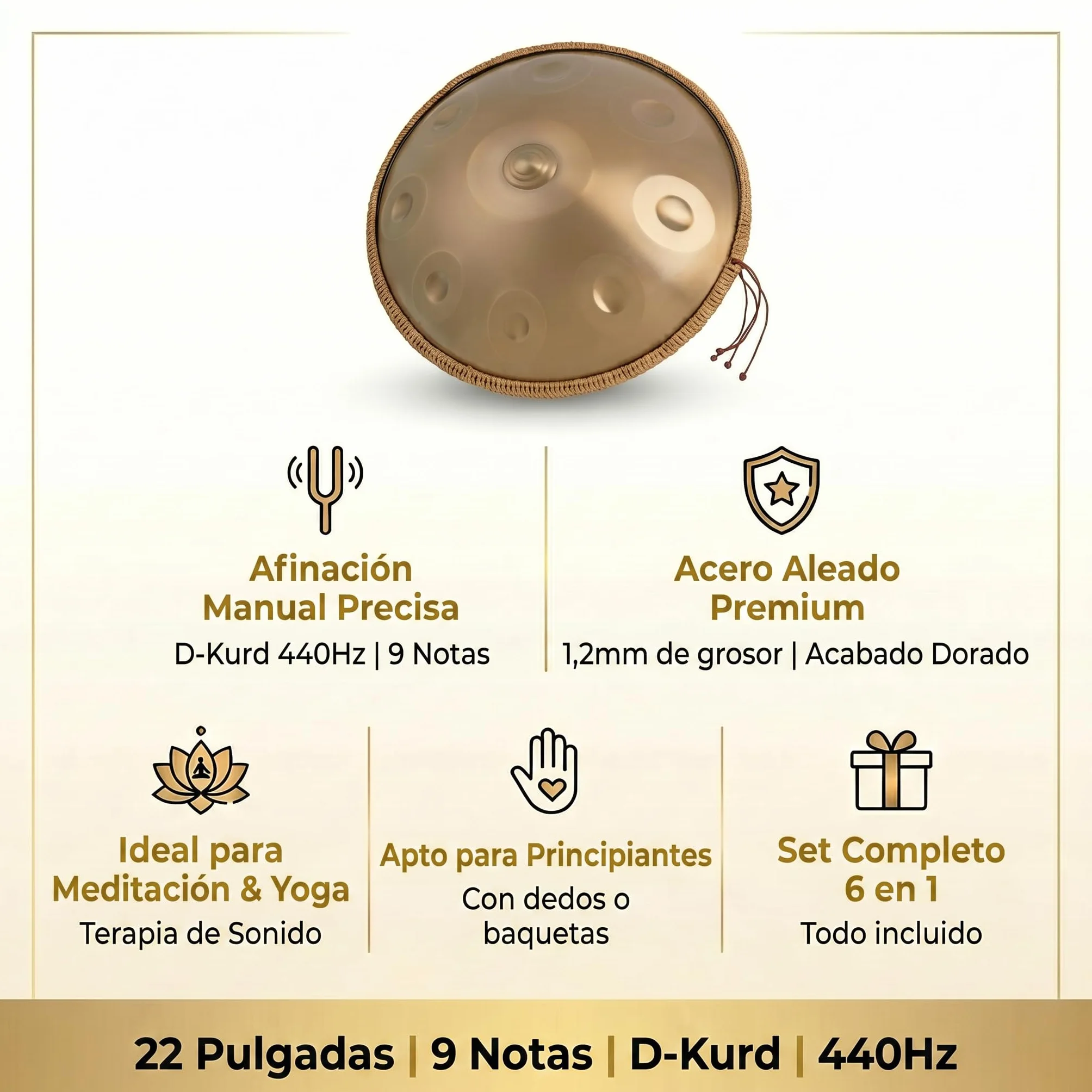 Handpan 22 pulgadas 9 Notas D-Kurd 440 Hz oro tambor set para meditación yoga sanación sonido acero aleación incluye funda, soporte, baqueta, paño de limpieza, pegatinas para partituras