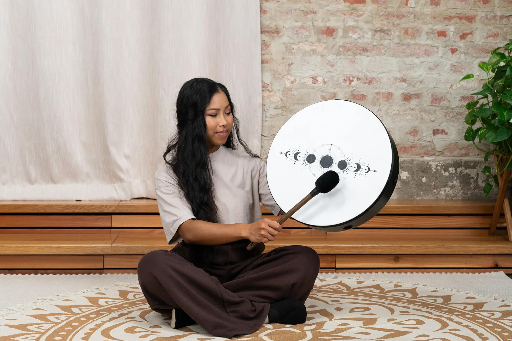 Tambor de madera ritual de 16 pulgadas con mazo para meditación calmante, ASMR, terapia de curación de sonido y yoga