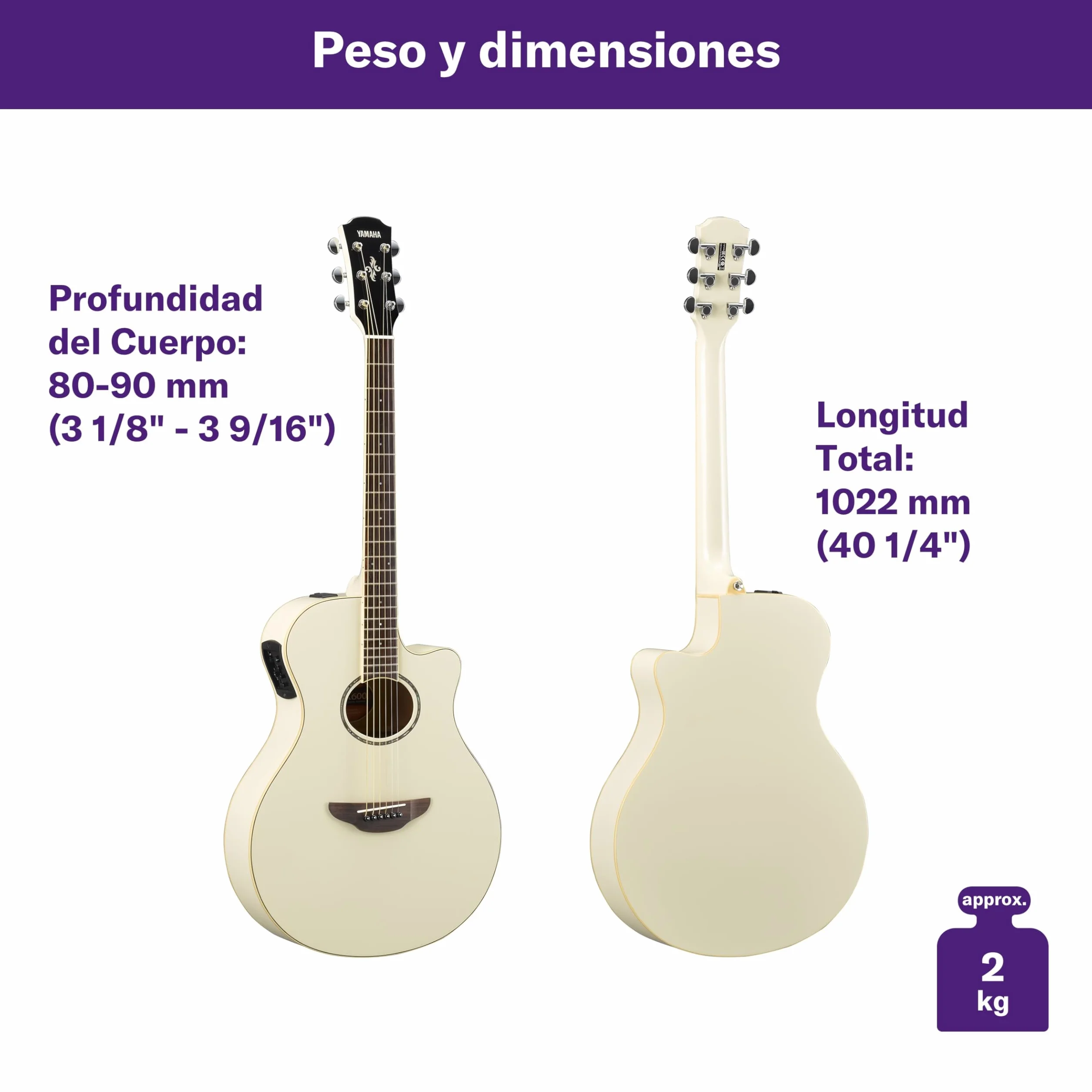 YAMAHA APX600 Guitarra Electroacústica – Cuerpo Estrecho Thinline, Escala 25”, previo System 65, Ecualizador de 3 Bandas, Afinador Integrado, Boca Ovalada – Blanco Vintage