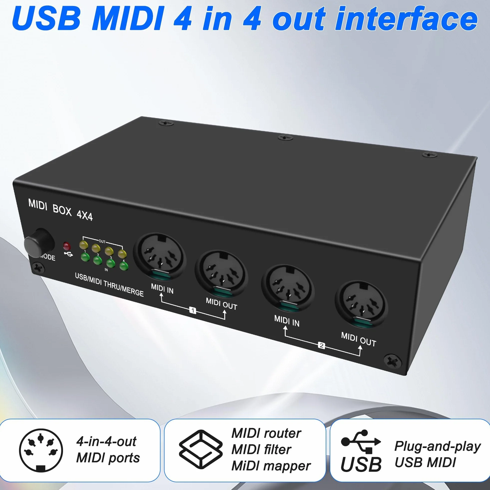 XMSJSIY Caja de interfaz USB MIDI 4 en 4 salidas 64 canales MIDI Thru Box 4 x 4 convertidor con enrutador Merge Splitter Thru Hub con indicadores LED para PC, Mac e instrumentos USB MIDI