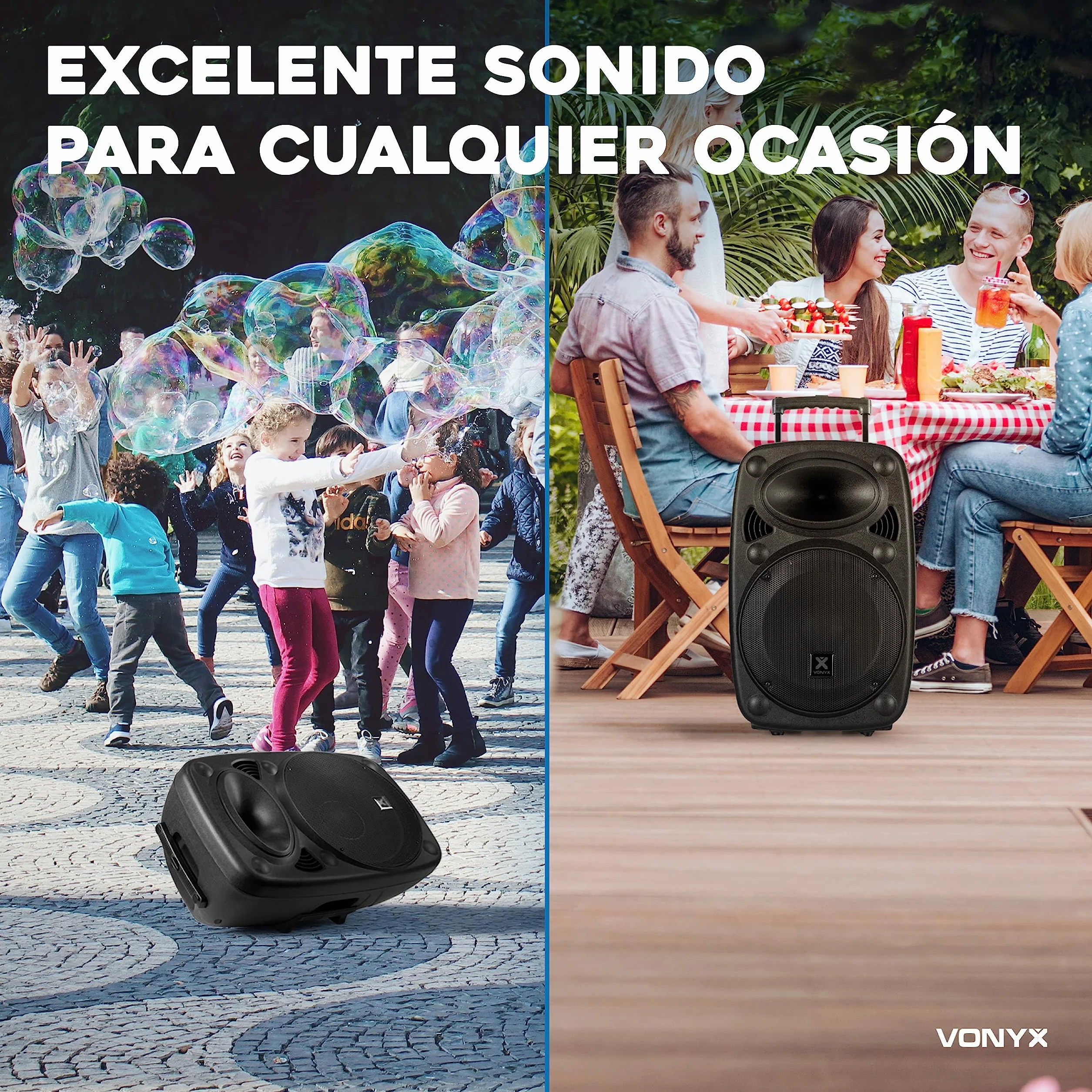 Vonyx Verve46 Altavoz Bluetooth Potente 1000w, Altavoz autoamplificado portatil con microfono Karaoke, Bluetooth Speaker USB, SD, MP3, AUX, 2 microfonos UHF, Mando a Distancia, Subwoofer 15", Negro