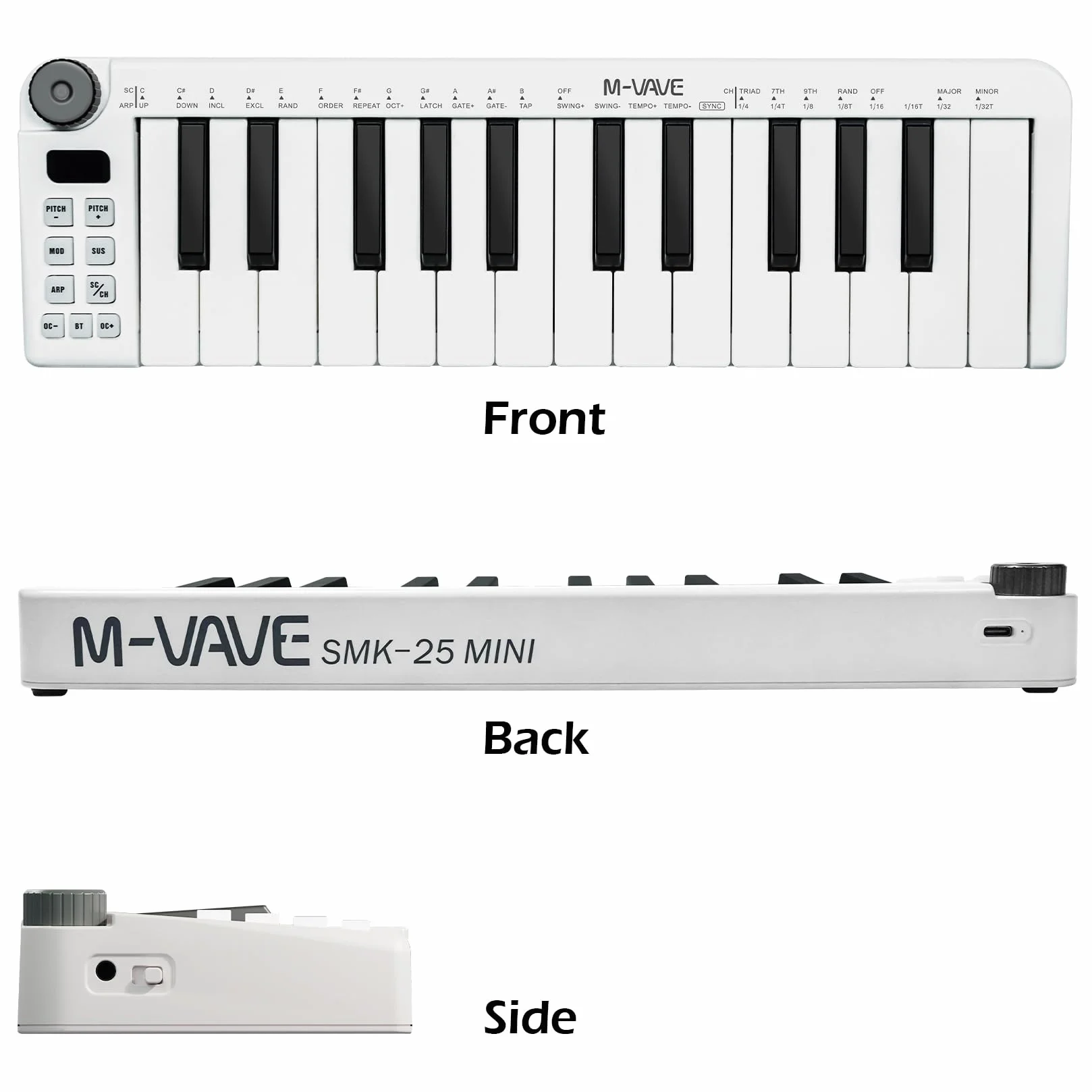 M-VAVE Teclado MIDI de 25 teclas, Mini teclado, creador de ritmos profesional y teclado para producción de música, batería integrada, conexión inalámbrica, color blanco, mini sin