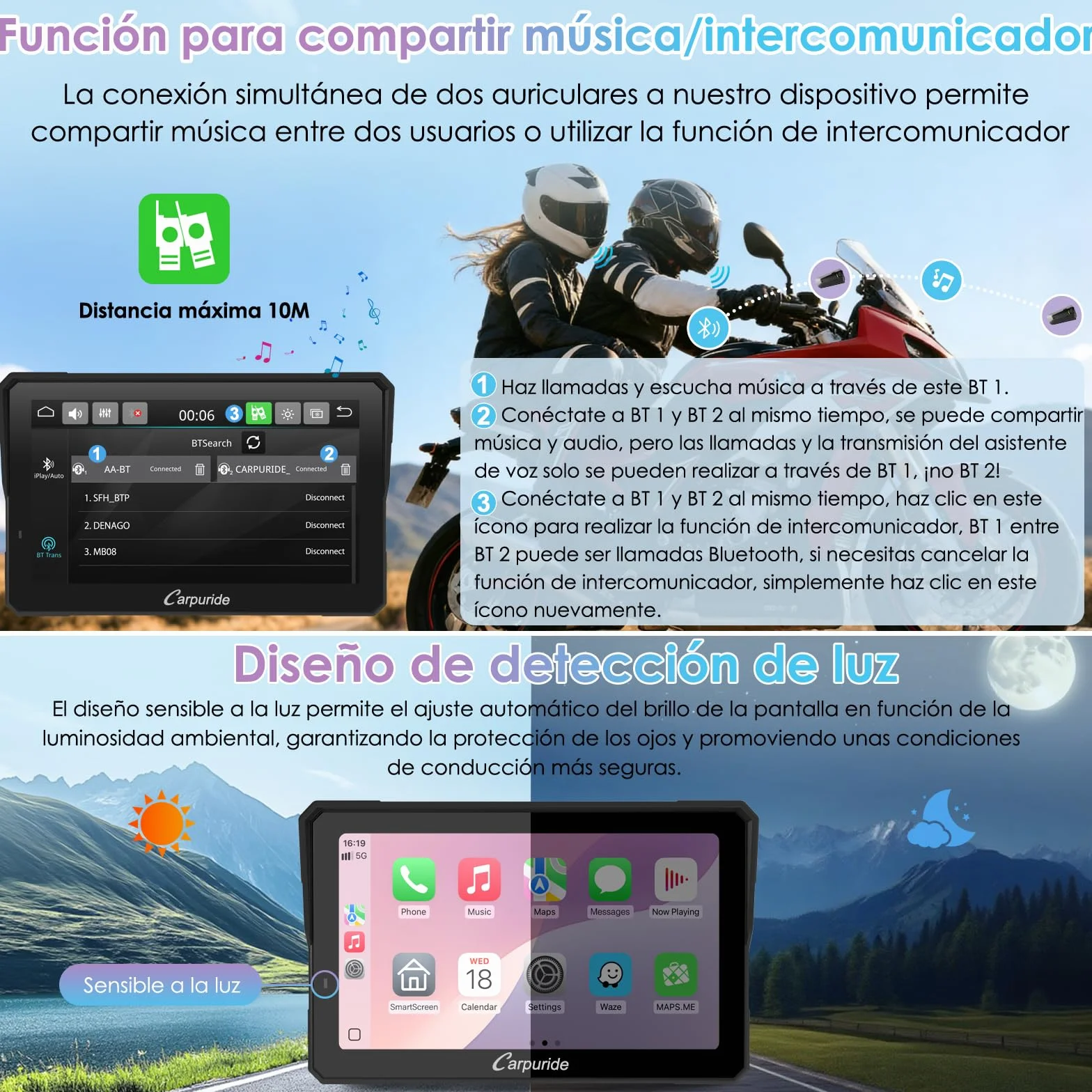 CARPURIDE W702RS Pro Motocicleta Carplay Pantalla con Radar BSD y BM05 Soporte, Inalámbrico CarPlay y Android Auto, 7" Impermeable Táctilpantalla, Intercomunicador, Dual Bluetooth, Cable Controlador.