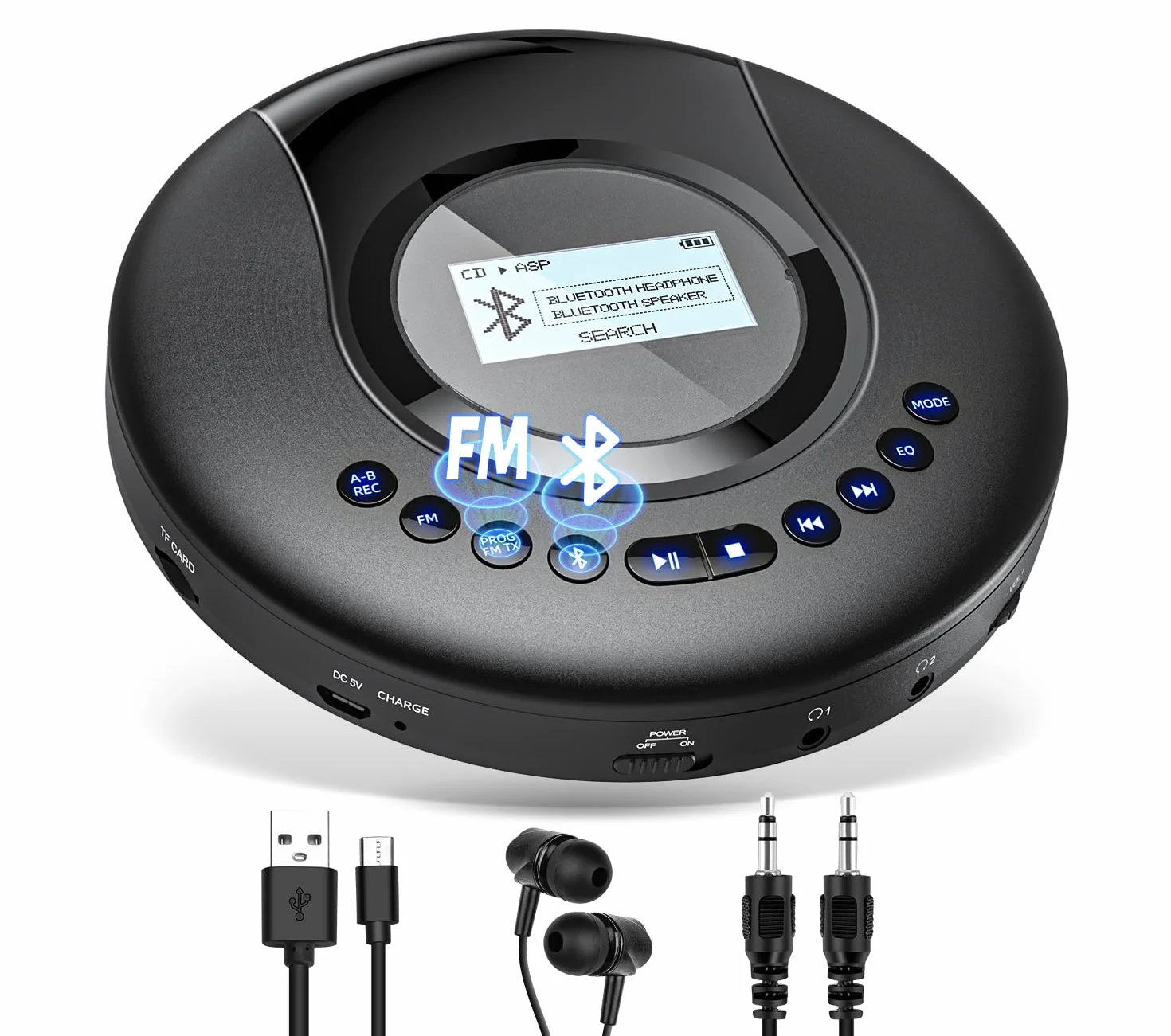Arafuna Reproductor de CD portátil, Reproductor CD Bluetooth para Coche y niños, Discman CD portatil Recargable de 2000 mAh, protección a Prueba de Golpes, Radio FM, Tomas de Auriculares duales