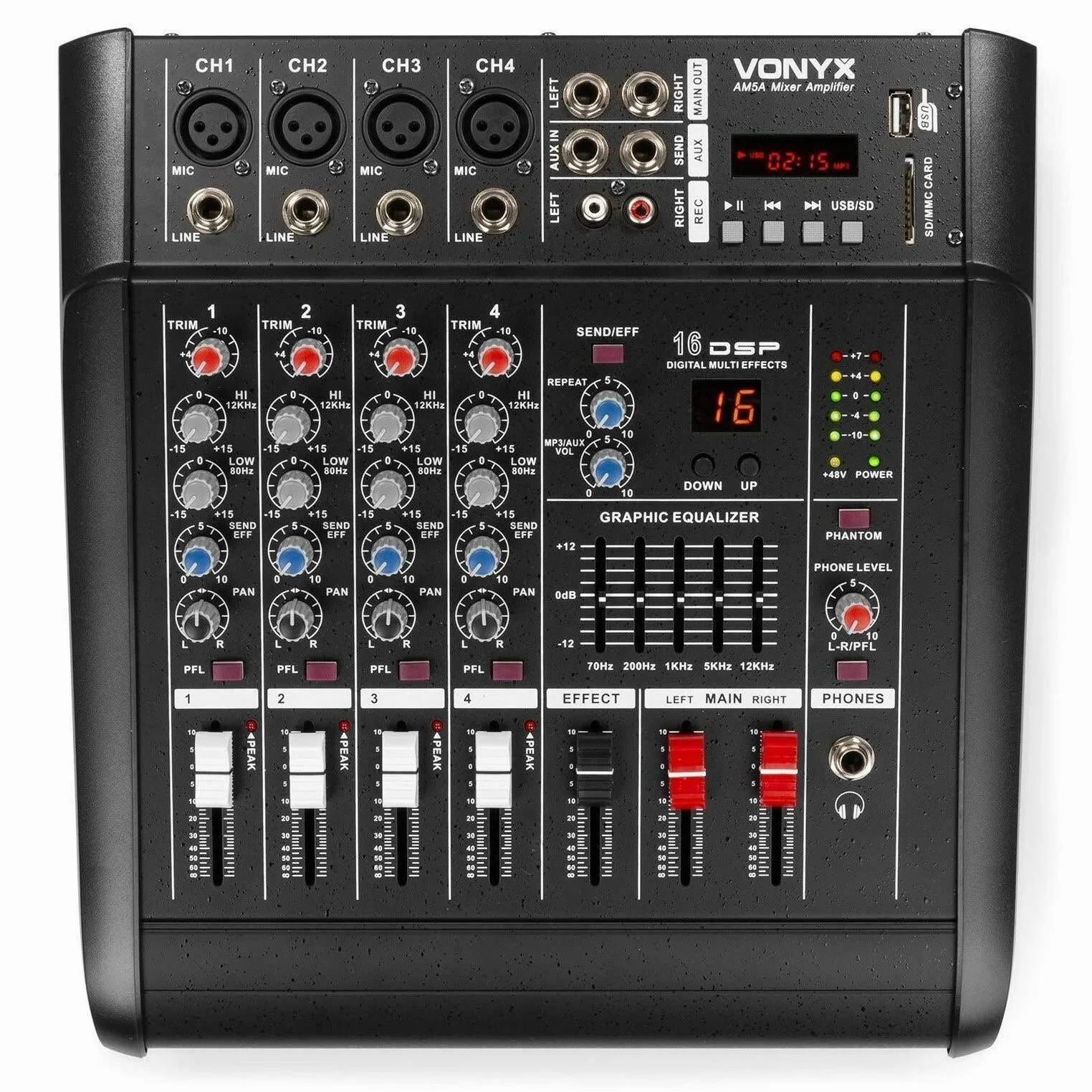 VONYX AM5A Mezclador de 5 canales con amplificador incorporado,DSPde efectos, Bluetooth para transmitir audio inalámbricamente, puerto SD y USB para MP3, amplificador interno de 500W x 2 a 8 ohmios