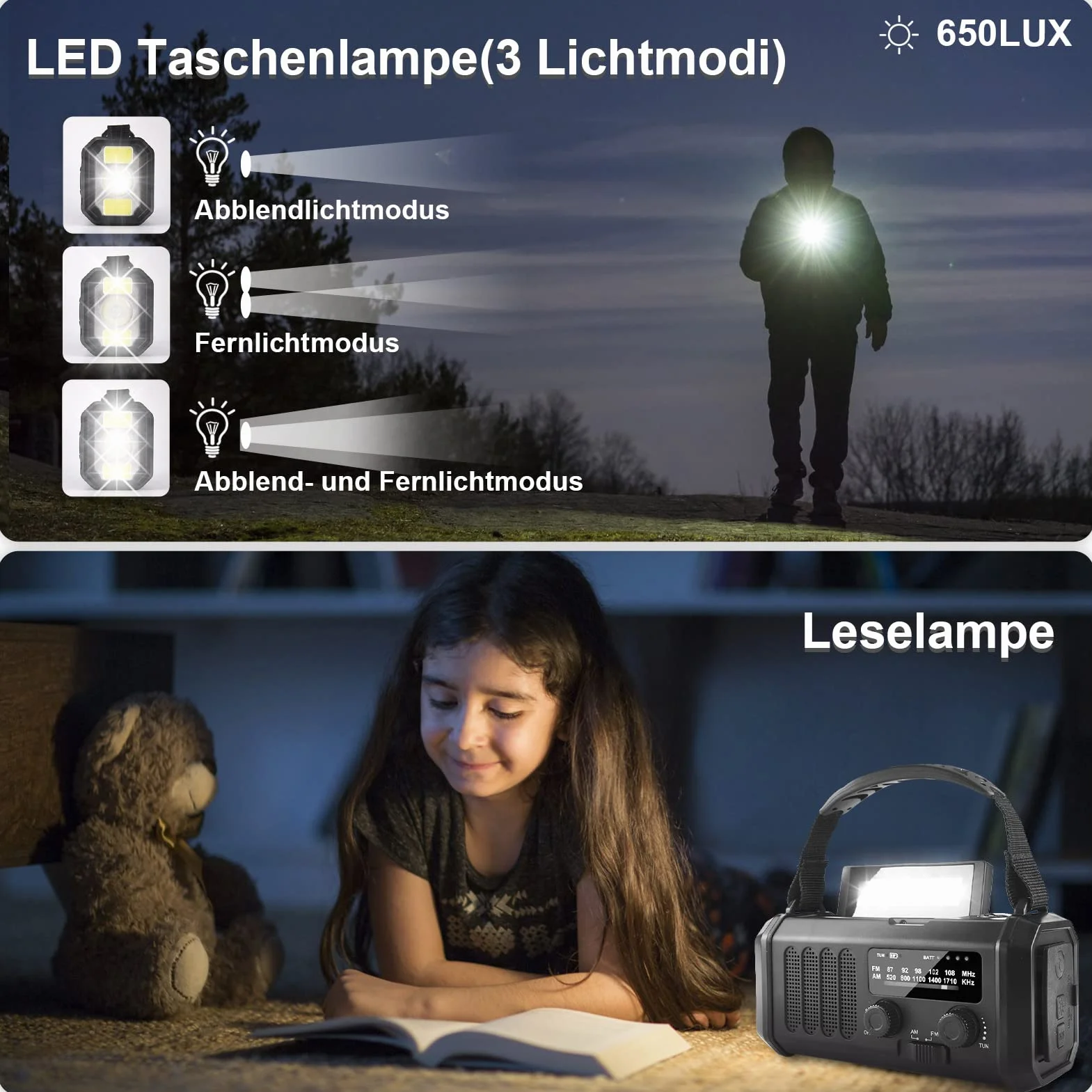 YIKANWEN Radio de manivela recargable 20000mAh, AM FM, Banco de energía, luz LED, Alarma SOS, brújula, Negro