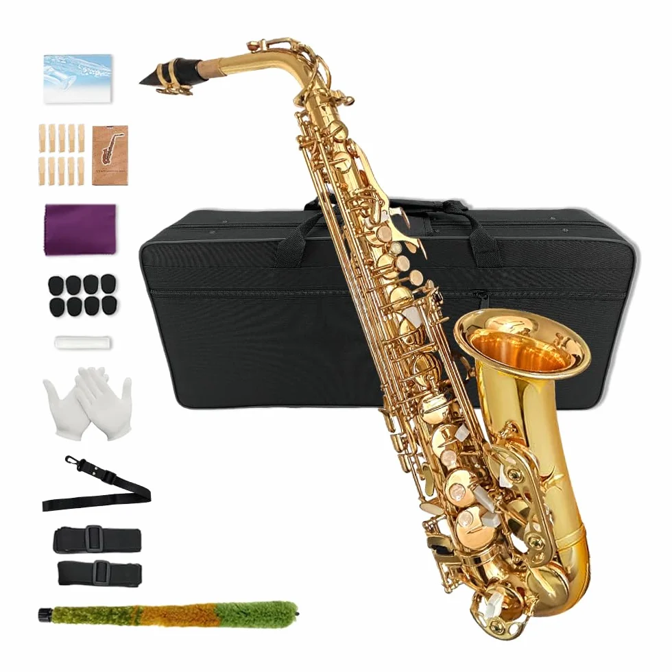 Yinfente Saxofón plano con 10 lengüetas, 8 almohadillas, funda rígida y más, para estudiantes, principiantes, adultos, saxofón alto, kit de saxofón(oro)
