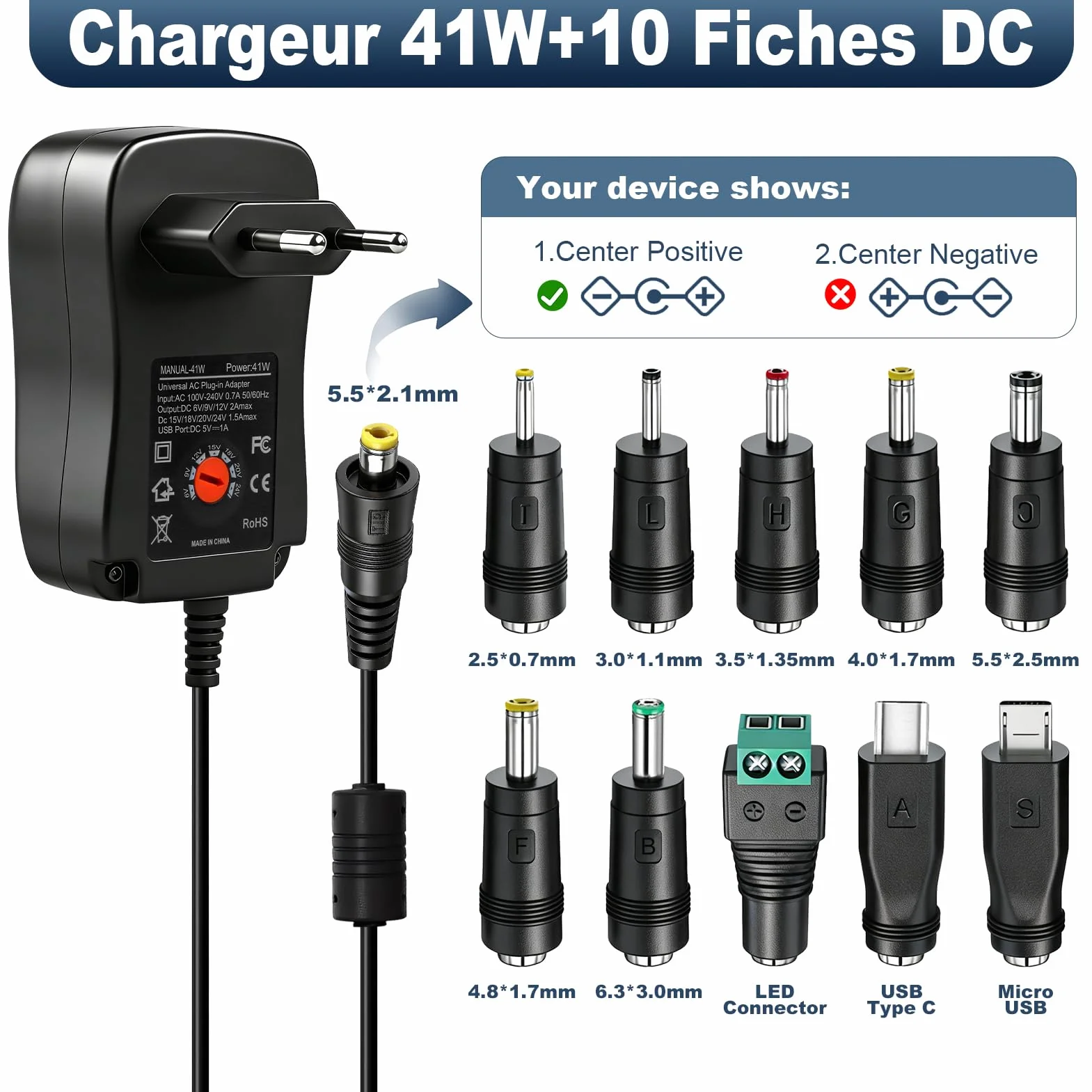 41W Adaptador de Corriente Universal 6V 9V 12V 15V 18V 20V 24V, Cargador Universal con 10 Puntas DC, Fuente de Alimentación Regulable para Router, Monitor LCD, Cámara