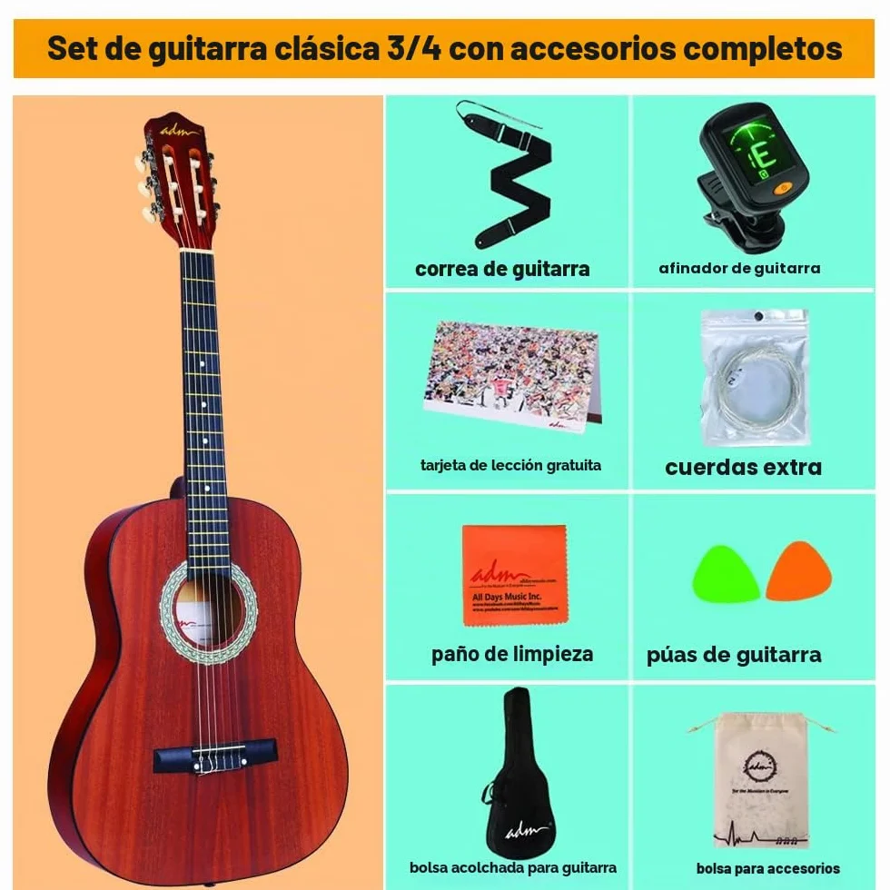 ADM 3/4 Guitarra Clásica para Niños, Kit de Guitarra Española de 36 pulgadas para Adultos y Estudiantes, Guitarra de Cuerdas de Nylon de Apariencia Especial