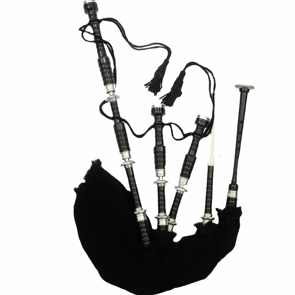 Gaita de tamaño completo para principiantes y adultos con hermoso acabado negro, canto de práctica con accesorios, tubo de bolsa para adultos (terciopelo negro)
